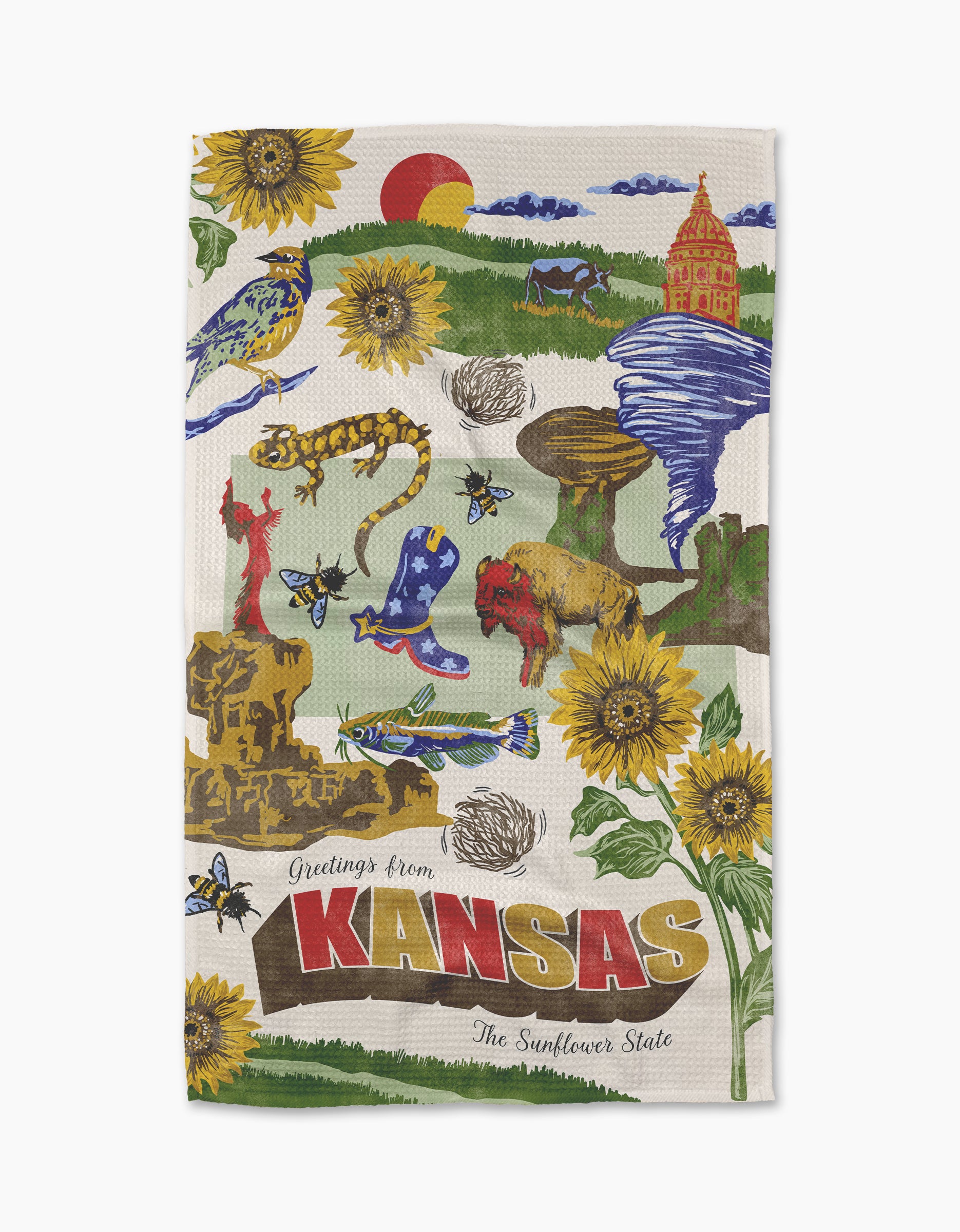 The Geometry "Greetings From Kansas" tea towel showcases Kansas symbols like sunflowers, a tornado, bison, wheat, and a meadowlark. Made from recycled materials, this quick-drying towel features "Greetings from Kansas, The Sunflower State.