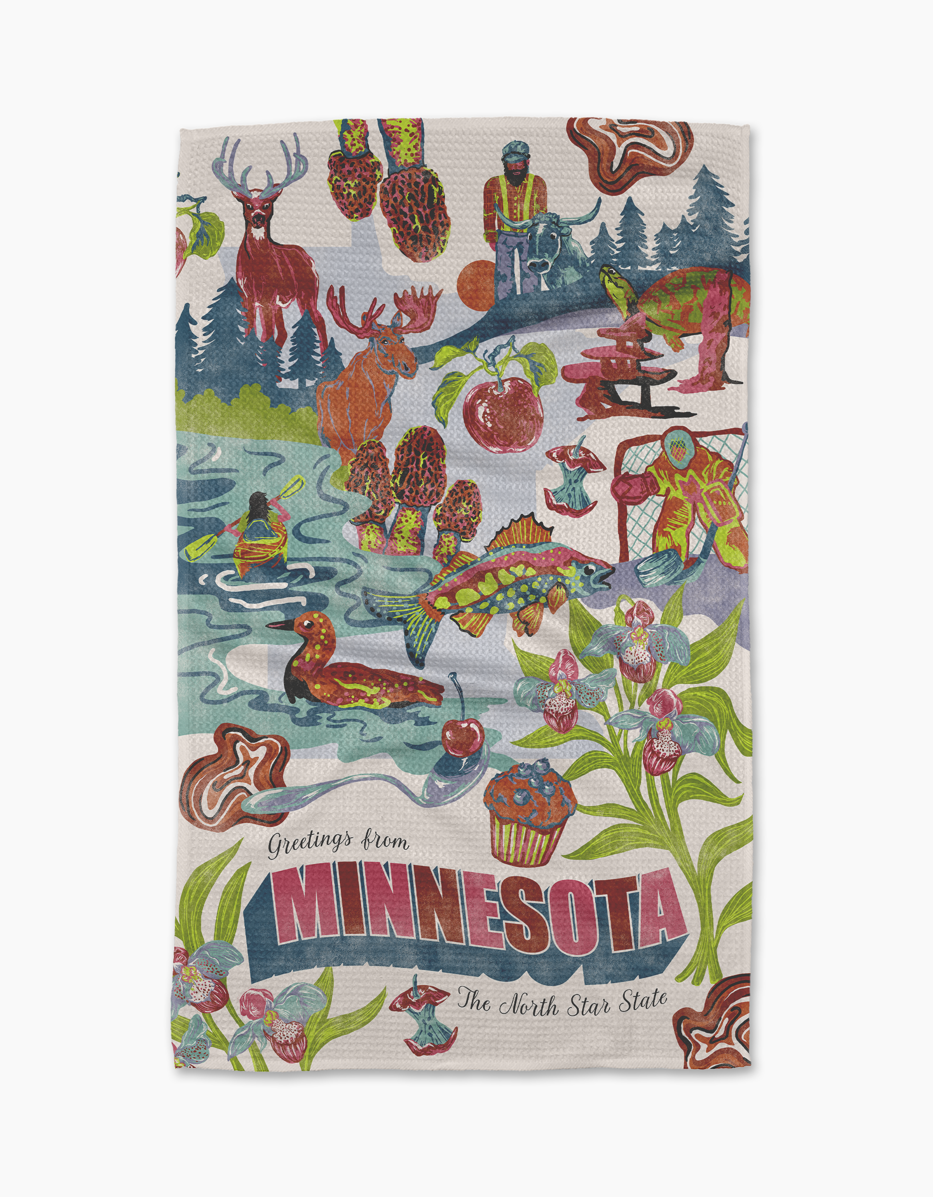 Geometry’s “Greetings From Minnesota” tea towel features colorful illustrations of state icons—loon, moose, canoe, trees, wildflowers, pie—and "Greetings from MINNESOTA The North Star State" at the bottom. Made with quick-drying recycled materials.
