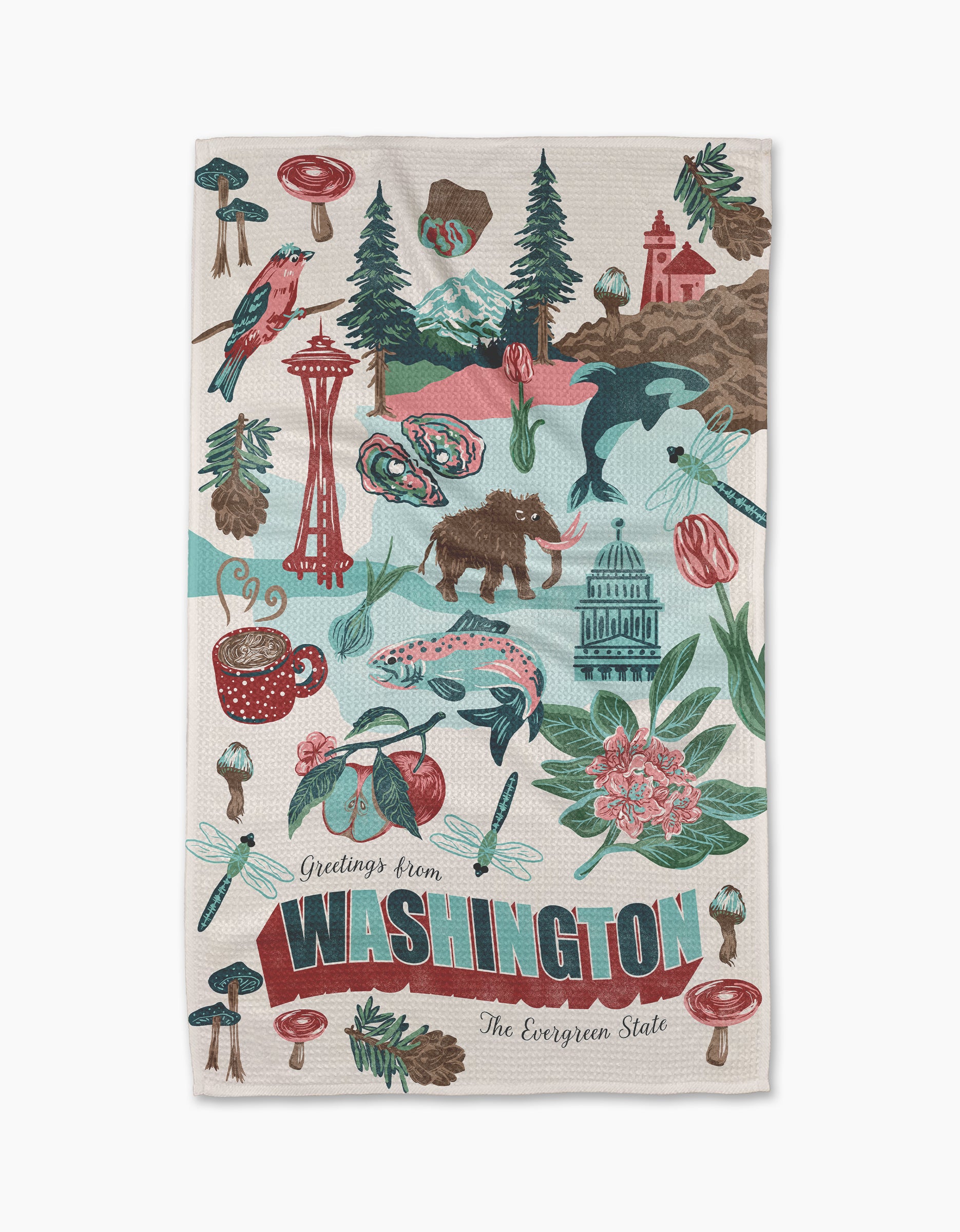 Geometry’s “Greetings From Washington” tea towel showcases vibrant state symbols—birds, mountains, salmon, flowers, and the Space Needle—with “Greetings from Washington, The Evergreen State.” Made from recycled materials to brighten any kitchen.