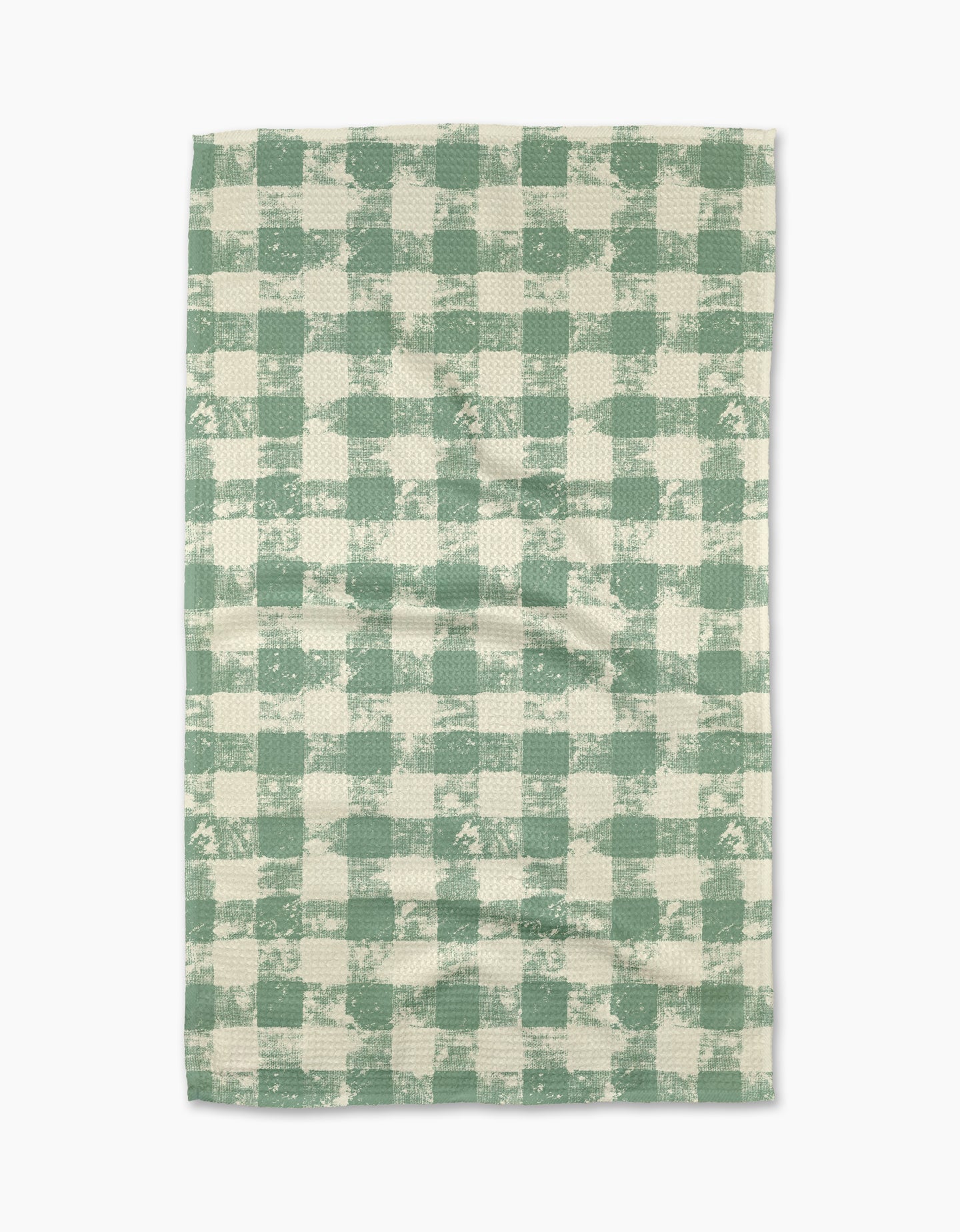 Patch Mint by Geometry is a rectangular tea towel with a green and white checkered, distressed texture, made from recycled materials for eco-friendly appeal.