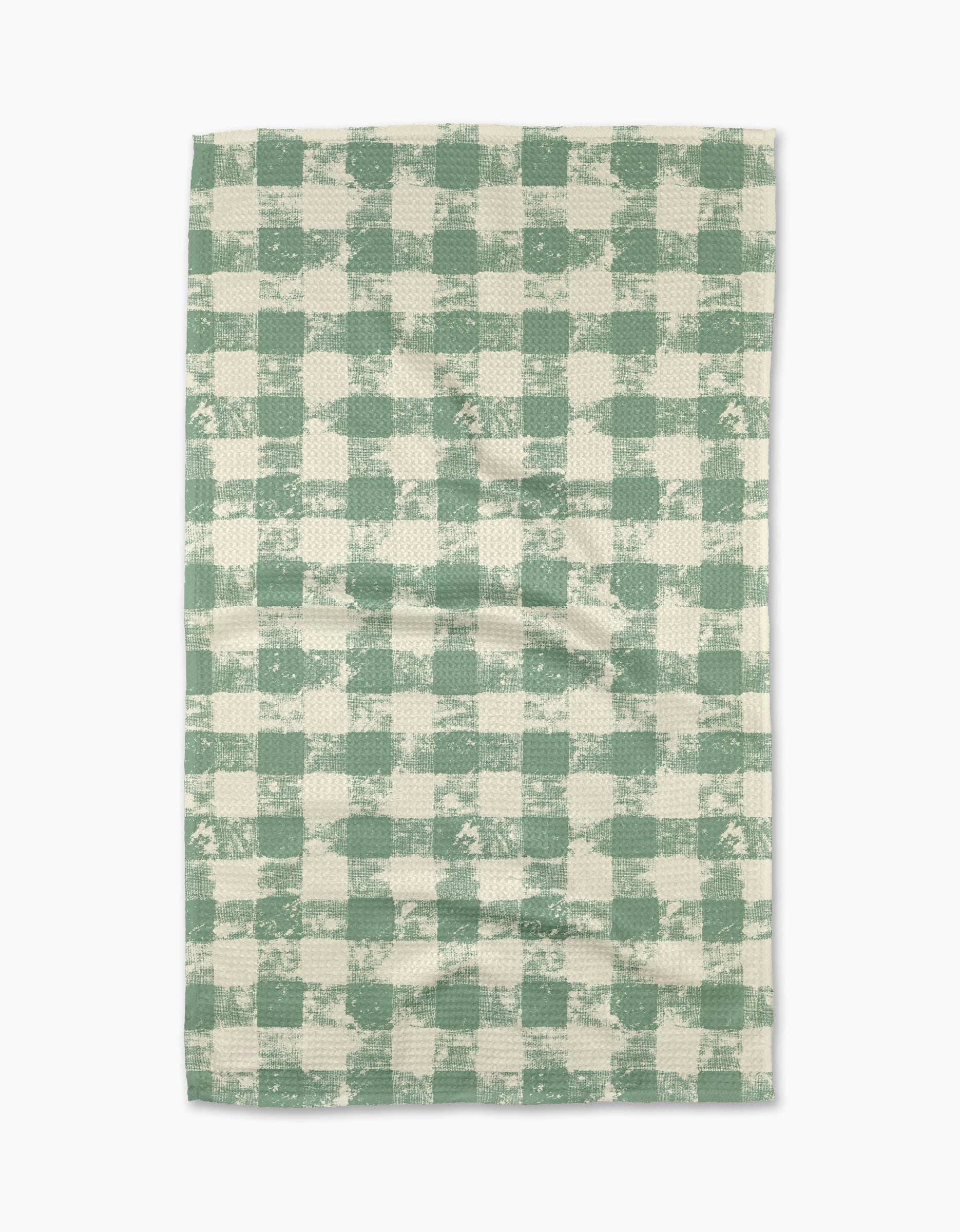 Patch Mint by Geometry is a rectangular tea towel with a green and white checkered, distressed texture, made from recycled materials for eco-friendly appeal.