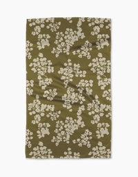 The Geometry Sonnet Olive recycled kitchen towel features a textured olive green surface with irregular white floral clusters, shown flat against a white background.