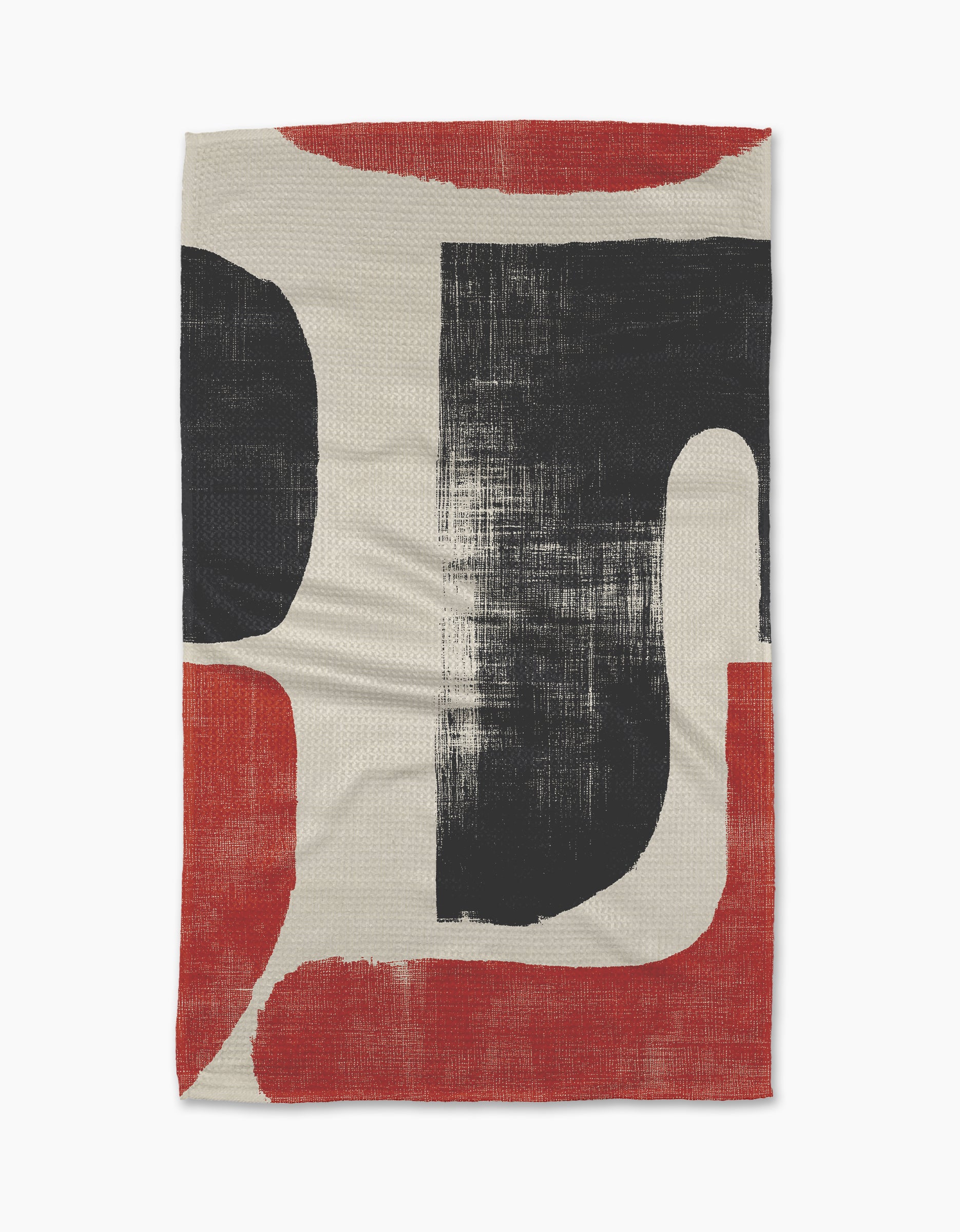 Sway by Geometry is an ultra-absorbent towel with a cream background and bold black and rust-red geometric shapes, featuring rough, textured edges—perfect for adding modern, artistic flair to any space.