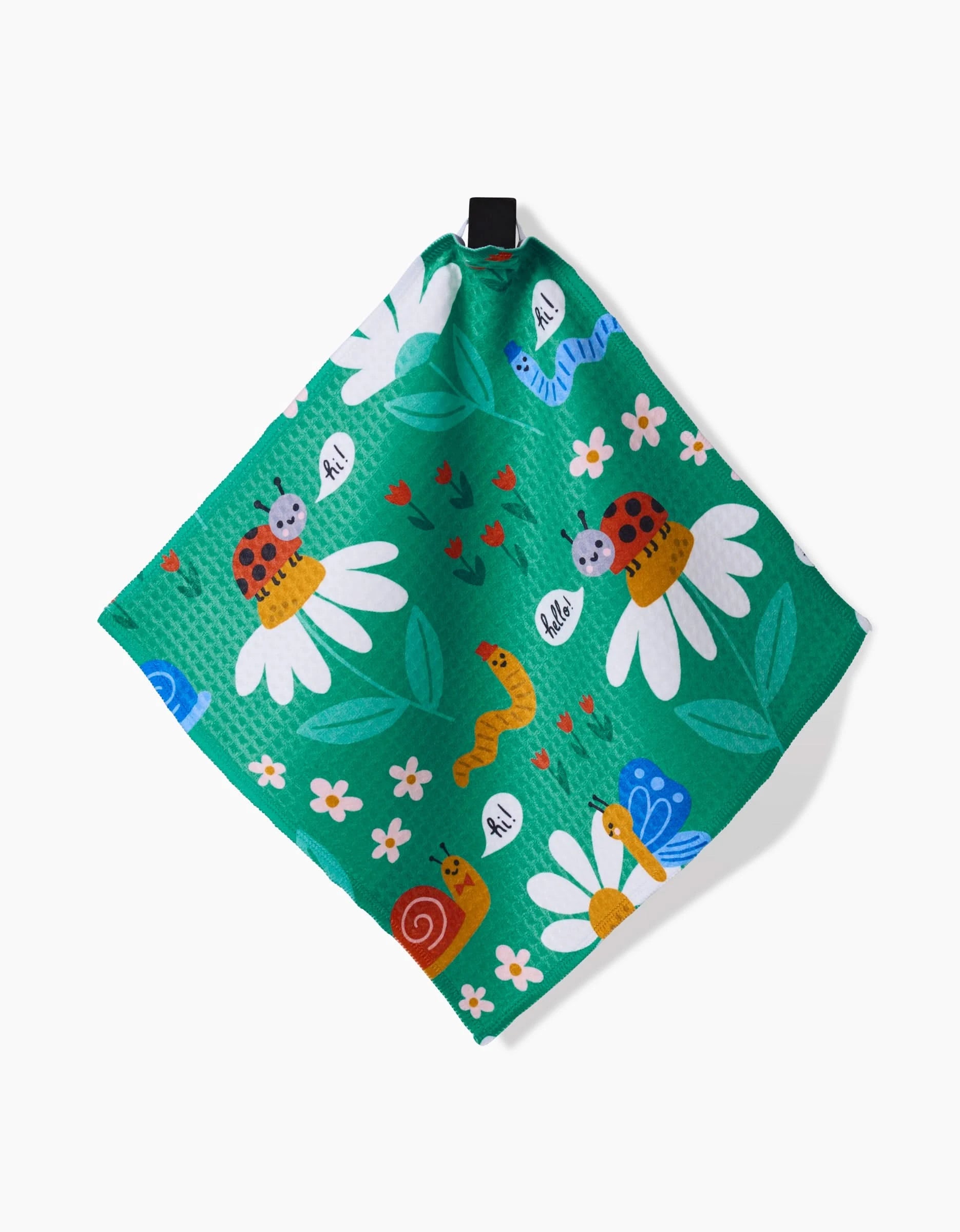 The Bugs Luxe Washcloth by Genna Blackburn features green fabric with ladybugs, snails, butterflies, worms, daisies, white flowers, leaves, and red hearts. It has a black hanging loop and is made with ultra-absorbent Geoweave technology.