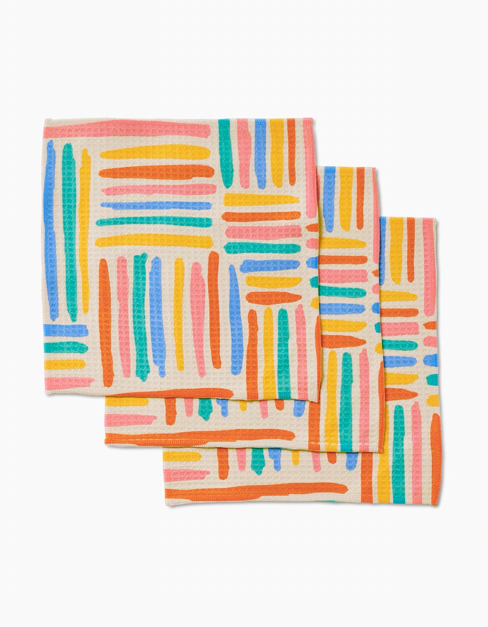 Three Sareka Unique Pathways Luxe Washcloths feature a vibrant abstract pattern of orange, blue, green, pink, and yellow lines on a light background, crafted with ultra-absorbent Geoweave technology.