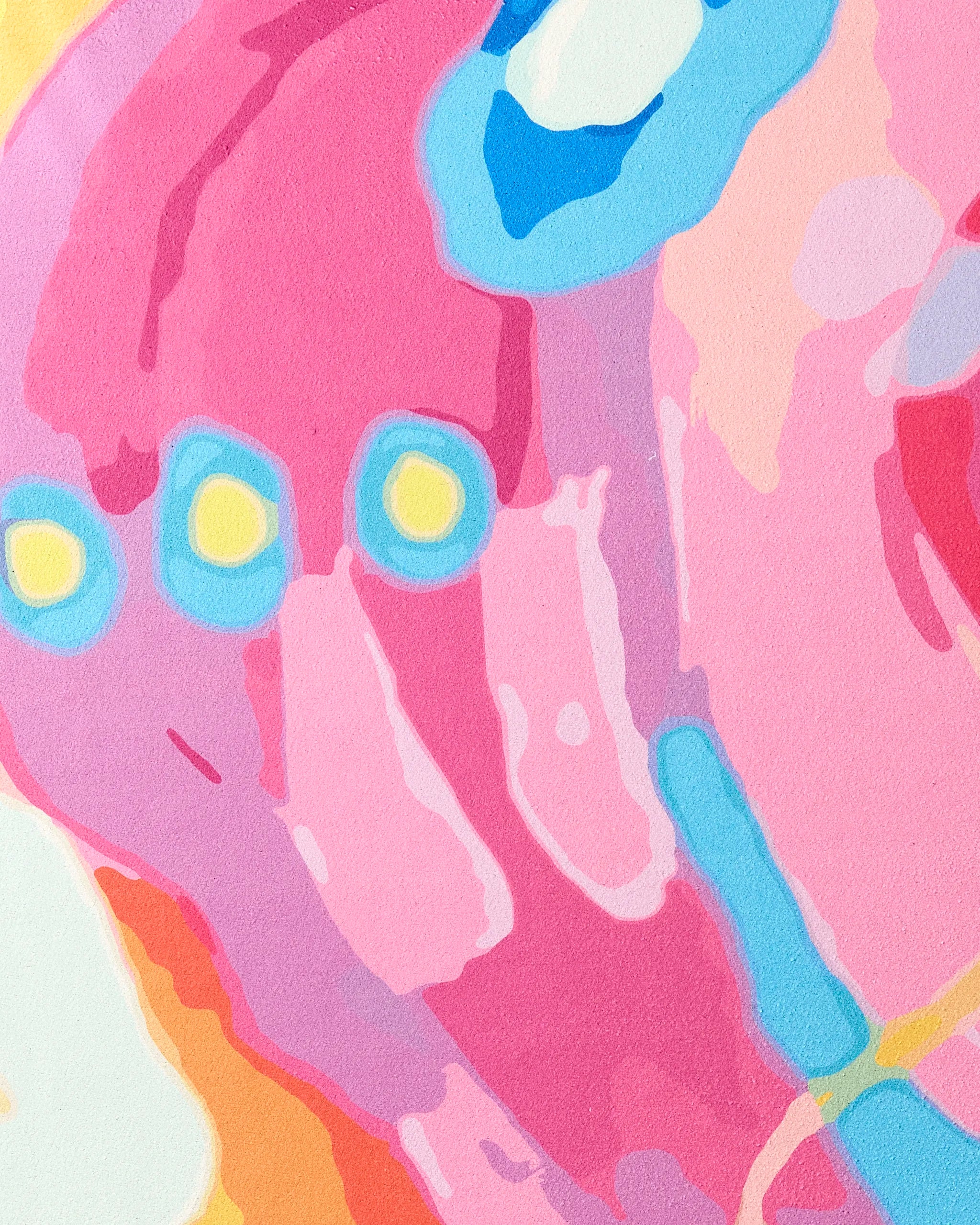 Abundance" by Sareka Unique features vibrant pink, blue, yellow, and orange shapes with three teal-outlined yellow circles on the left and overlapping organic forms, capturing the dynamic energy of a non-slip yoga towel.