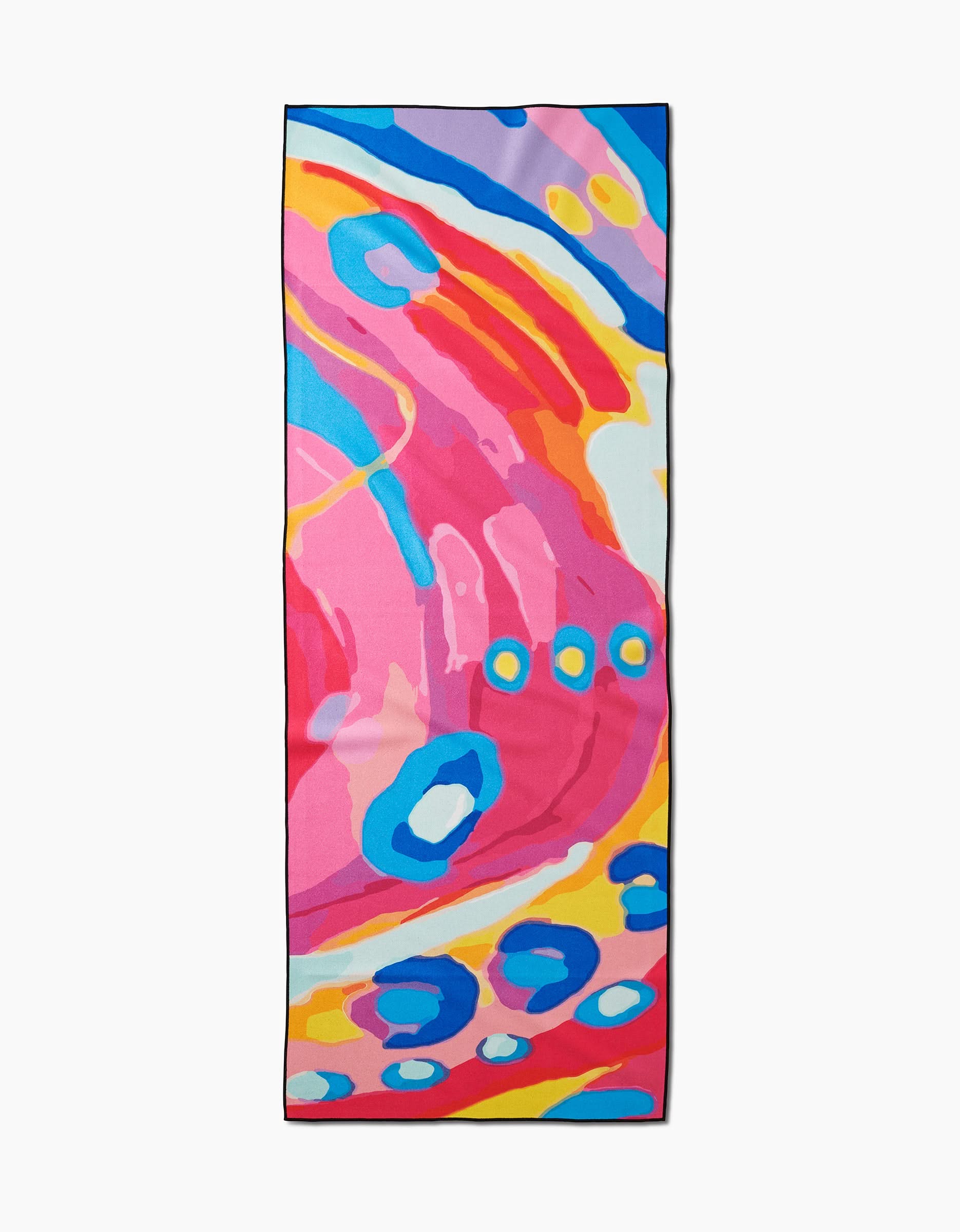 The Abundance yoga towel by Sareka Unique features a colorful abstract pattern in pink, blue, yellow, orange, and white with swirling shapes and circles, crafted from recycled materials.
