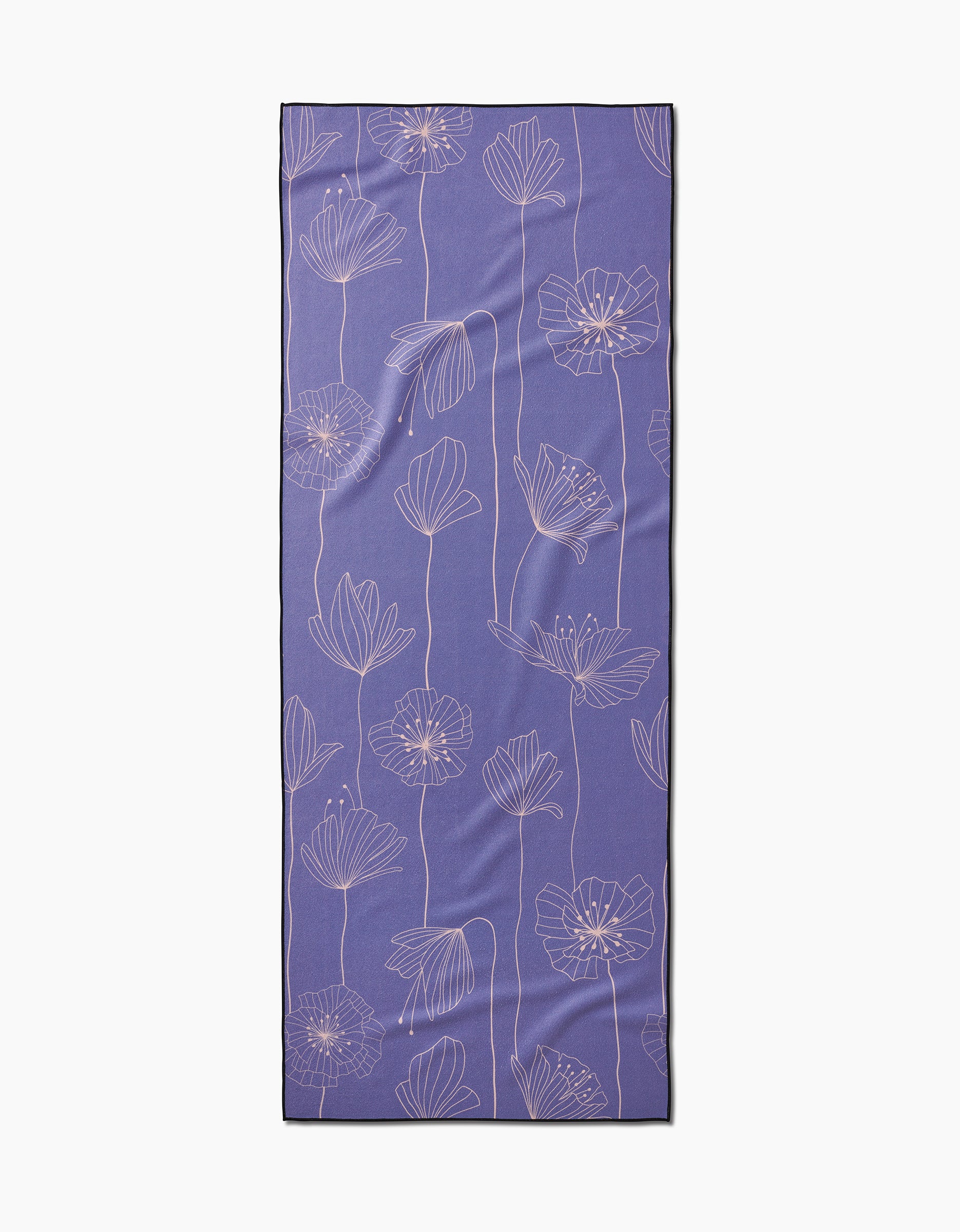 The GEOMETRY Alexa yoga mat is rectangular and purple with a light pink floral pattern of outlined flowers and long stems, made from recycled materials and shown on a white background.