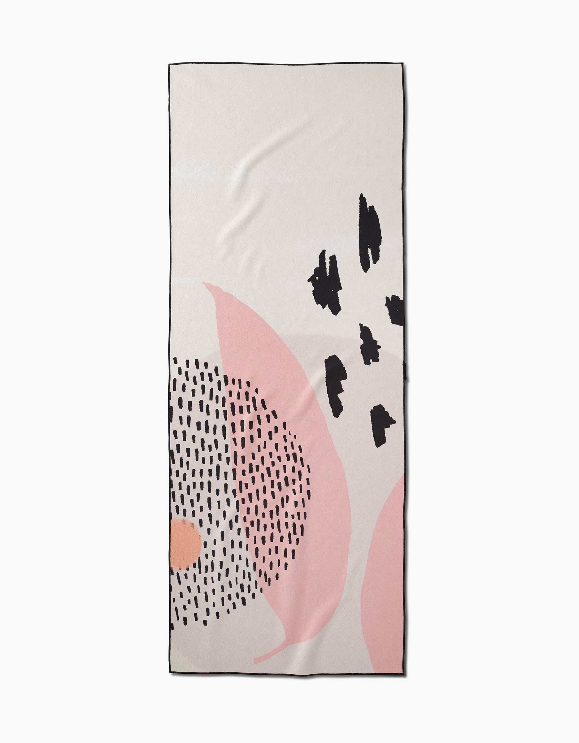 The GEOMETRY Bare yoga towel features a rectangular shape with an abstract design of pink and peach curves, black irregular dots and marks, plus a peach circle on a white background.