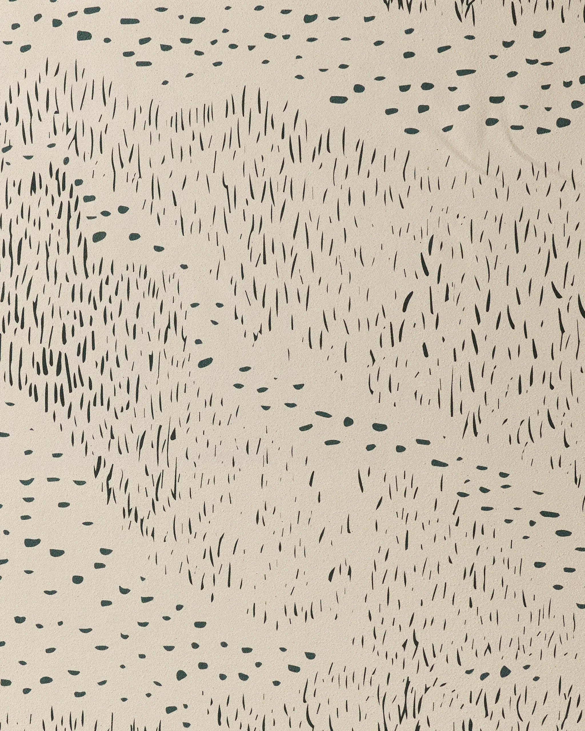 The Bend yoga towel by GEOMETRY features an abstract pattern of black dashes and dots on beige, offering a stylish, organic look inspired by rainfall—combining unique design with non-slip functionality.