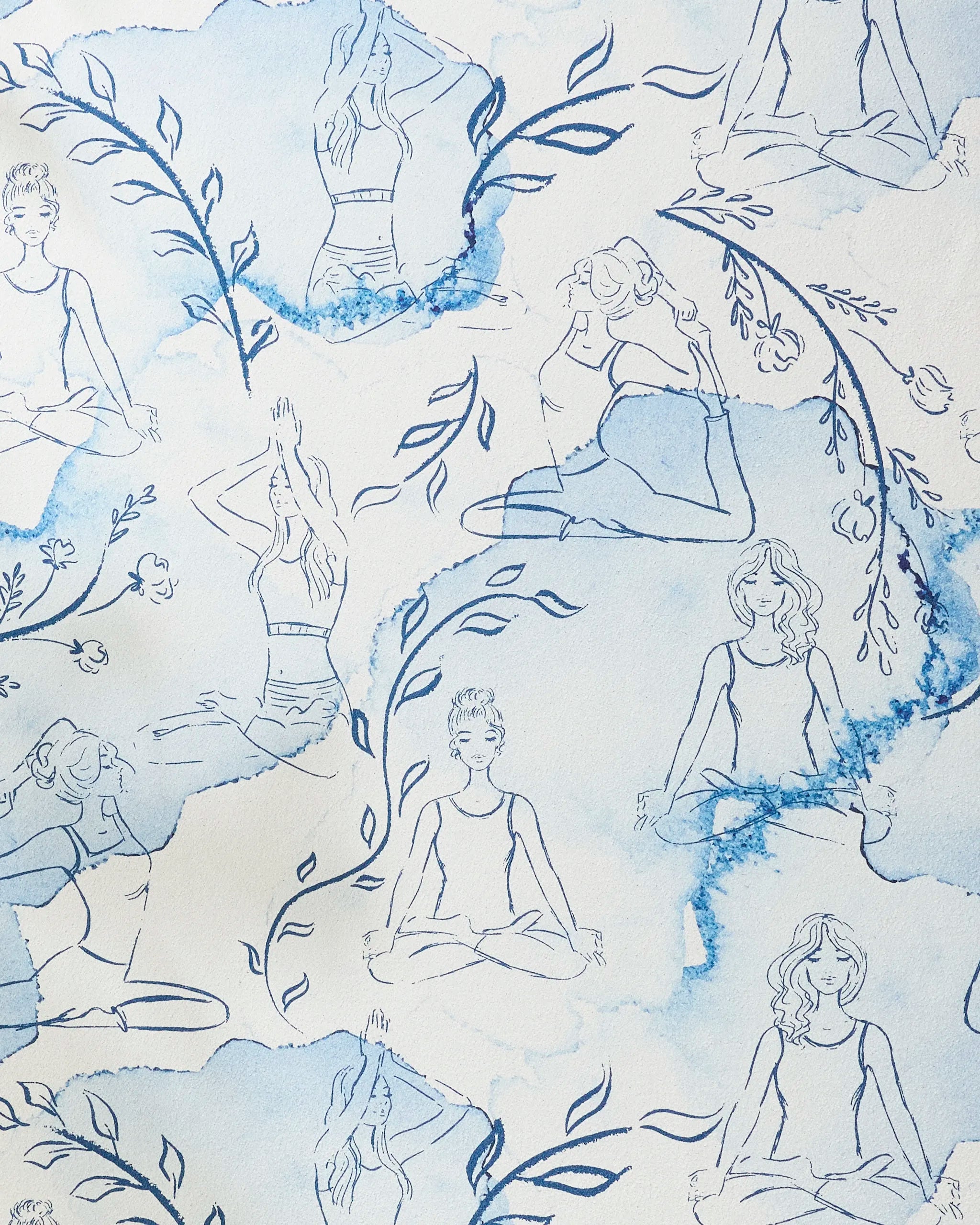 Breathe In Breathe Out" by Elena Fay features line drawings of women in yoga poses on a blue and white watercolor background with leafy vines—an inspiring, eco-friendly yoga towel.
