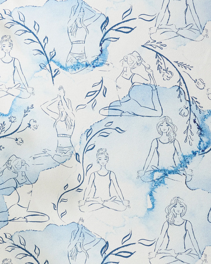 Breathe In Breathe Out" by Elena Fay features line drawings of women in yoga poses on a blue and white watercolor background with leafy vines—an inspiring, eco-friendly yoga towel.