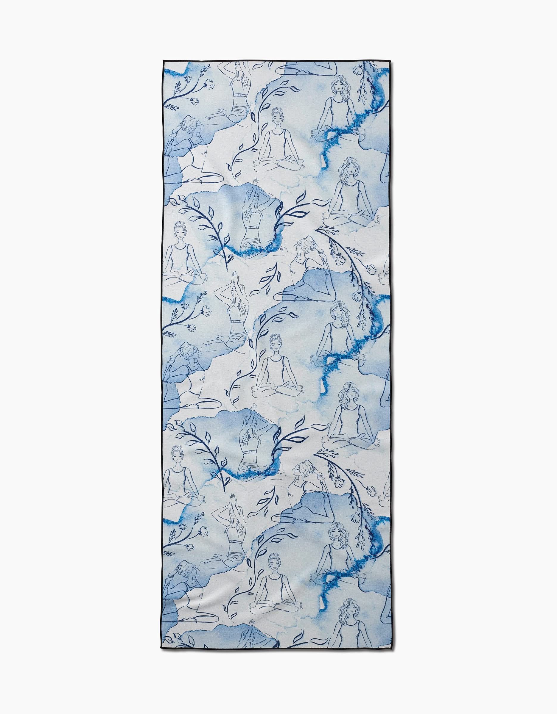The Breathe In Breathe Out yoga towel by Elena Fay features blue line art of women in seated poses, watercolor-style accents, and leafy branches on white—a stylish, eco-friendly choice for your practice.