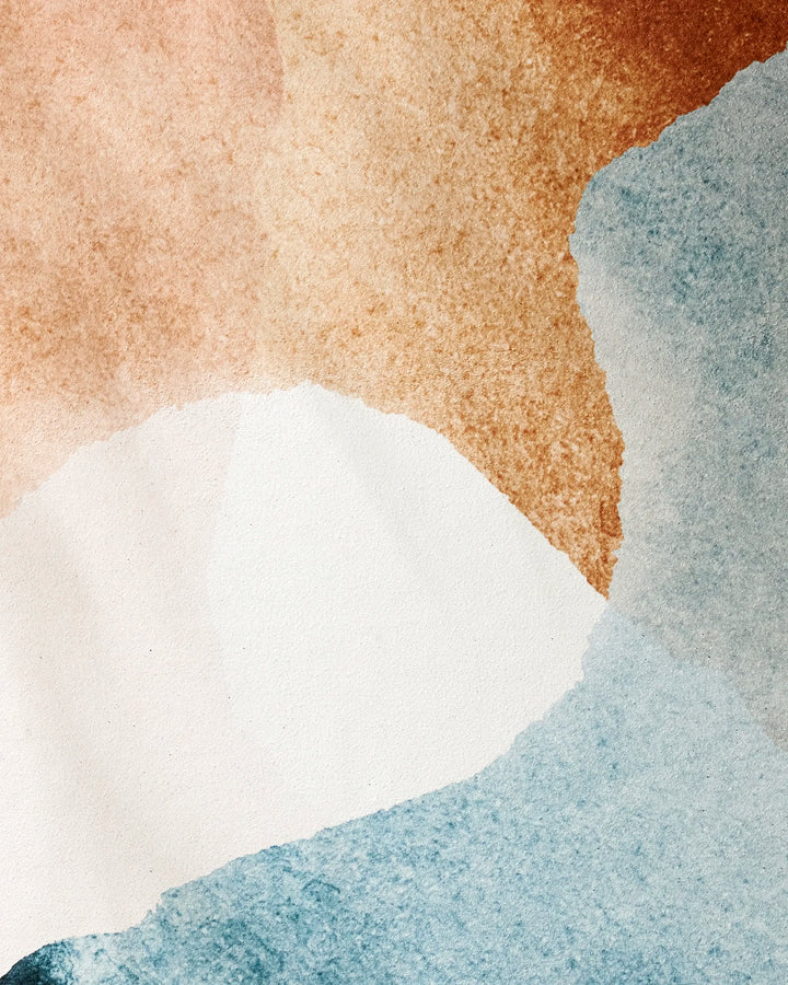 Centered" by GEOMETRY features soft, overlapping watercolor washes in brown, beige, and blue. Gentle blends form organic shapes and textured hues—evoking the calm, recycled vibe of a yoga towel. No sharp lines or defined objects appear.