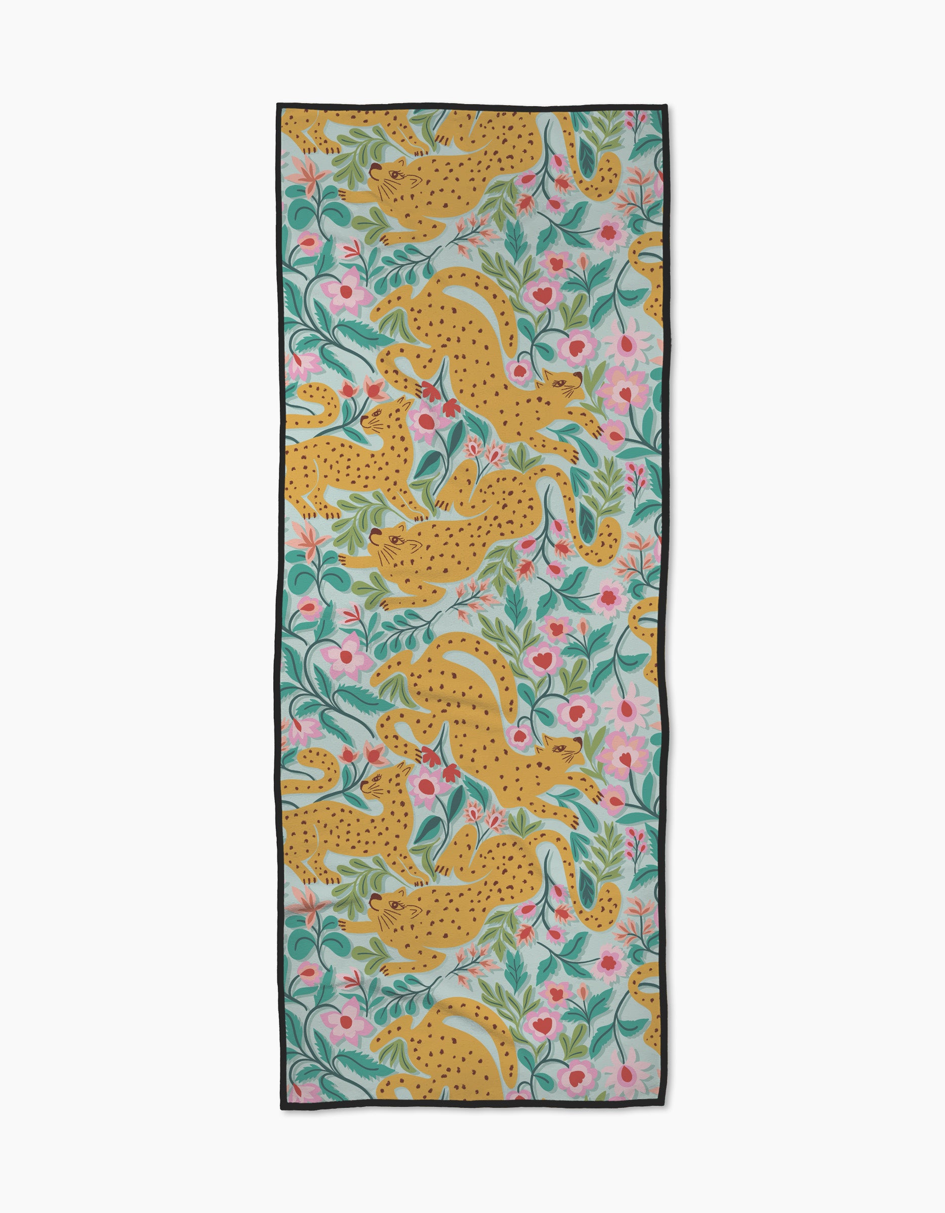 The Cheetah Haven yoga towel by Jasmine Blooms Designs features a non-slip, rectangular design with yellow cheetahs, green leaves, and pink flowers on a white background, finished with a dark border.
