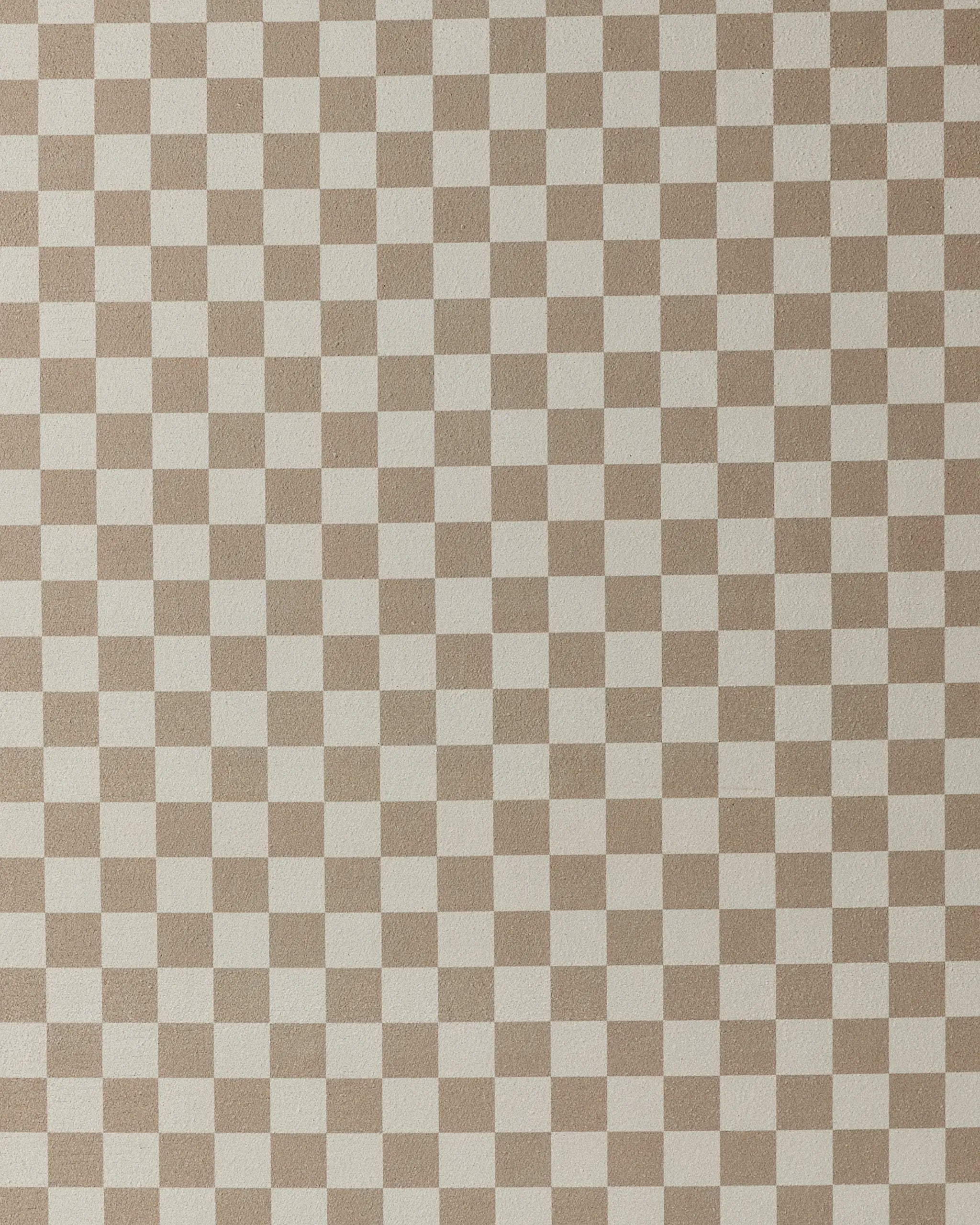 The Chic Checker by Geometry features a simple, repetitive geometric pattern of small beige and off-white checkerboard squares—ideal for a non-slip or recycled yoga mat towel.