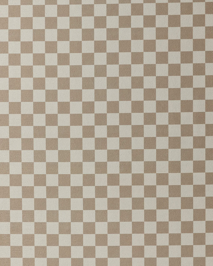 The Chic Checker by Geometry features a simple, repetitive geometric pattern of small beige and off-white checkerboard squares—ideal for a non-slip or recycled yoga mat towel.
