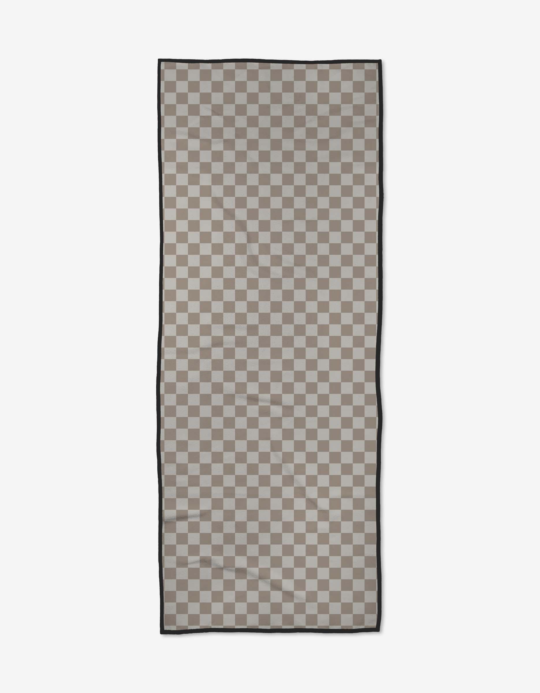 The Chic Checker by Geometry is a rectangular scarf featuring a gray and beige checkerboard pattern, crafted from recycled materials with a thin black border, shown laid flat on a white background.