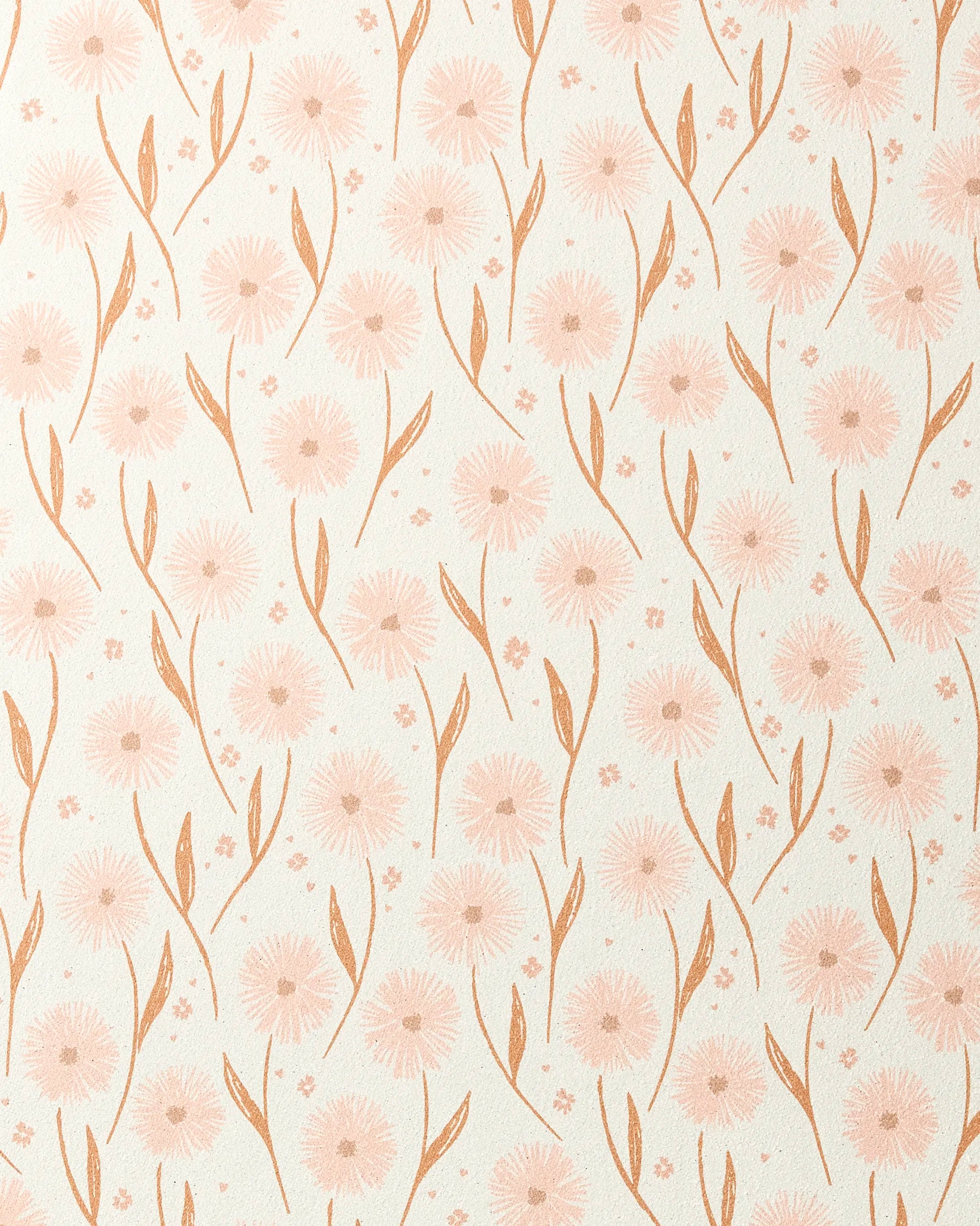 Daisy Pop by Hufton Studio features patterned wallpaper with light pink dandelion-like flowers and slender leaves on a cream background, ideal for serene spaces or inspiring slip-resistant yoga towels with minimalist botanical design.
