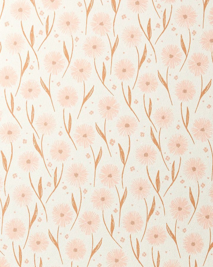 Daisy Pop by Hufton Studio features patterned wallpaper with light pink dandelion-like flowers and slender leaves on a cream background, ideal for serene spaces or inspiring slip-resistant yoga towels with minimalist botanical design.