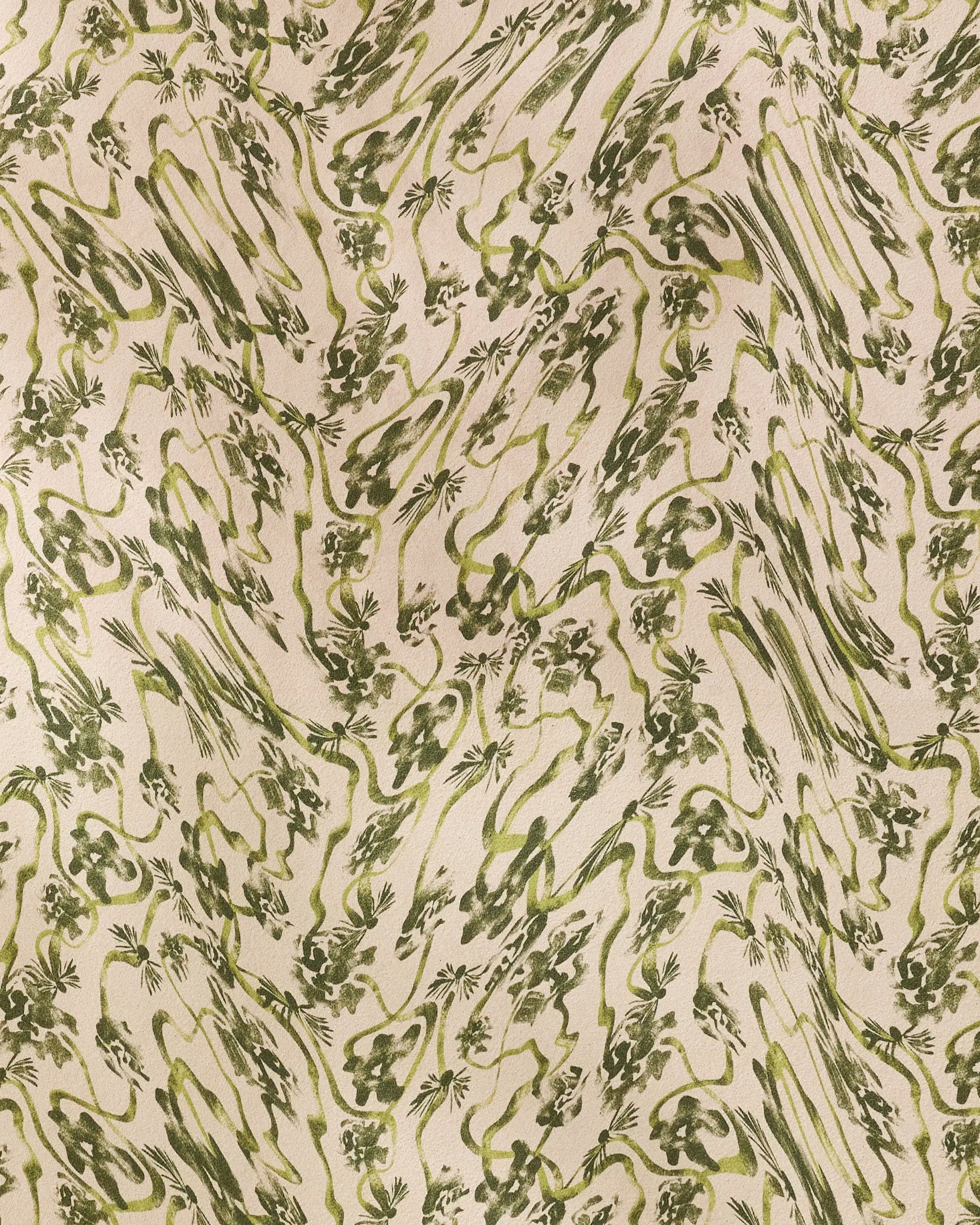 Geometry’s "Floral Swirls Green" is a recycled yoga towel with an abstract green pattern of wavy lines and leaf-like shapes on a light beige background, combining eco-friendliness and style for your practice.