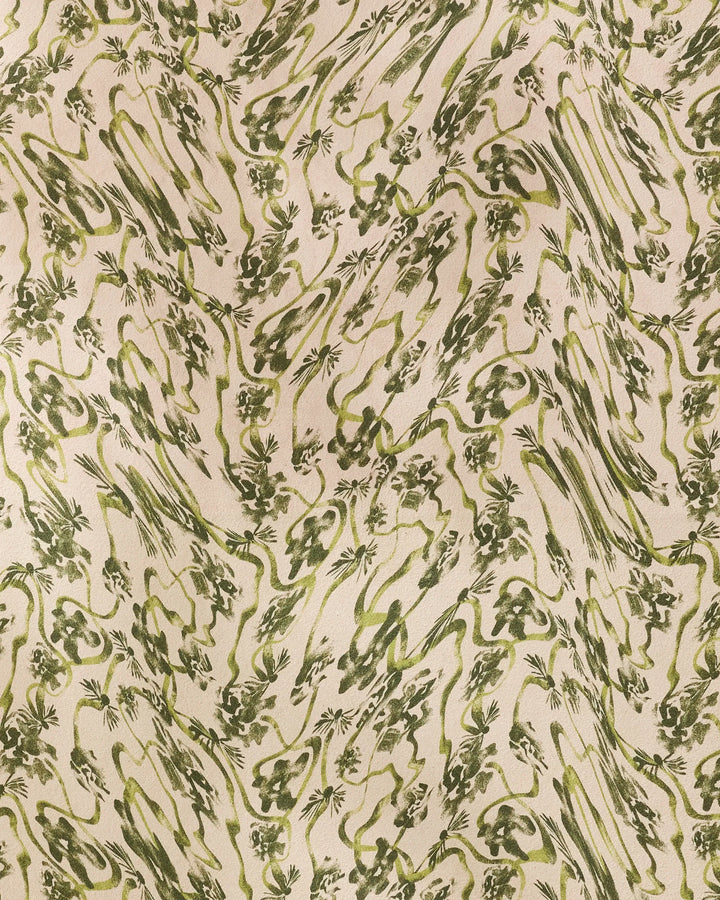 Geometry’s "Floral Swirls Green" is a recycled yoga towel with an abstract green pattern of wavy lines and leaf-like shapes on a light beige background, combining eco-friendliness and style for your practice.