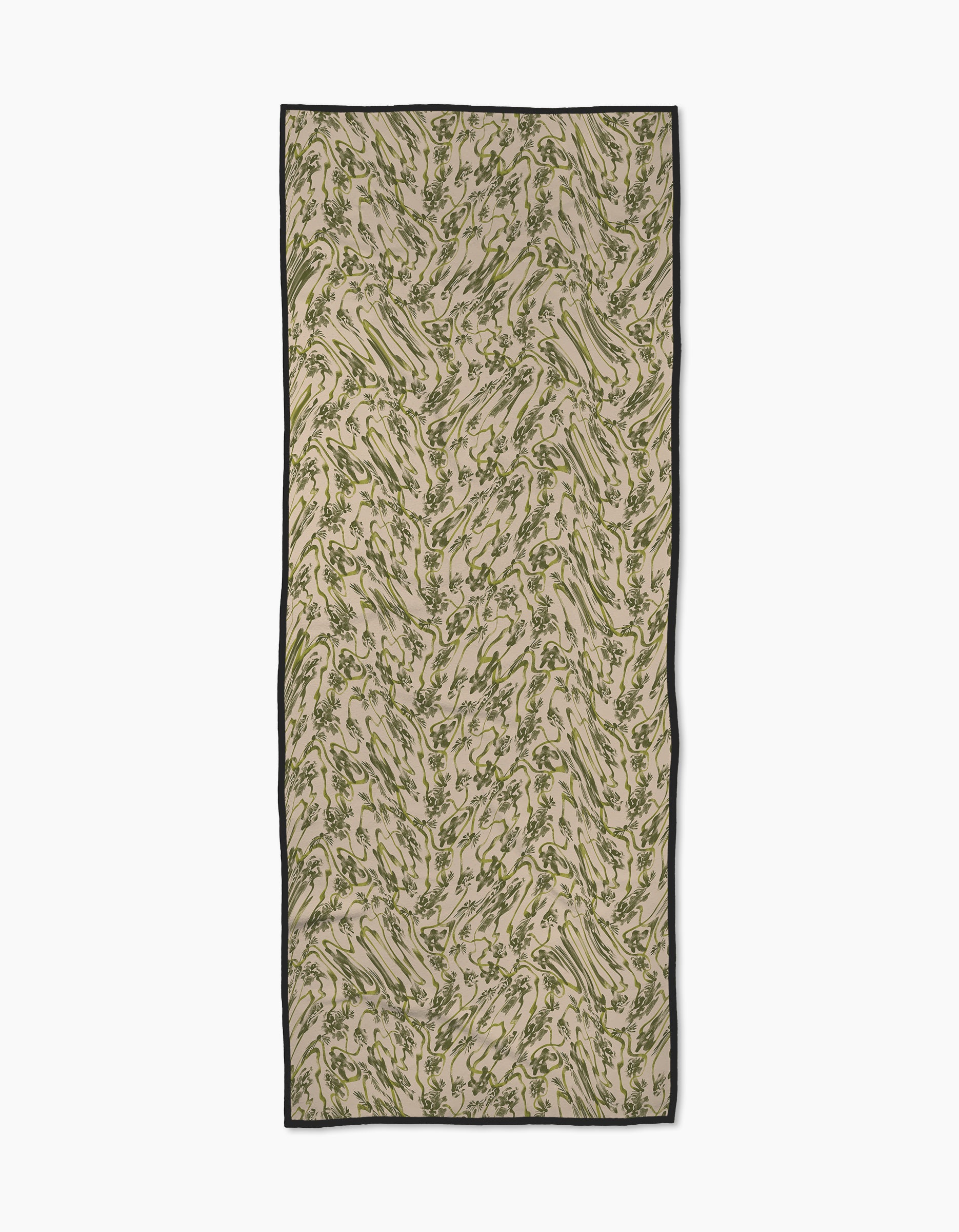 Floral Swirls Green is a rectangular beige scarf made from recycled materials, featuring a green and brown abstract swirl pattern with a thin black border. Its shown flat on a white background.