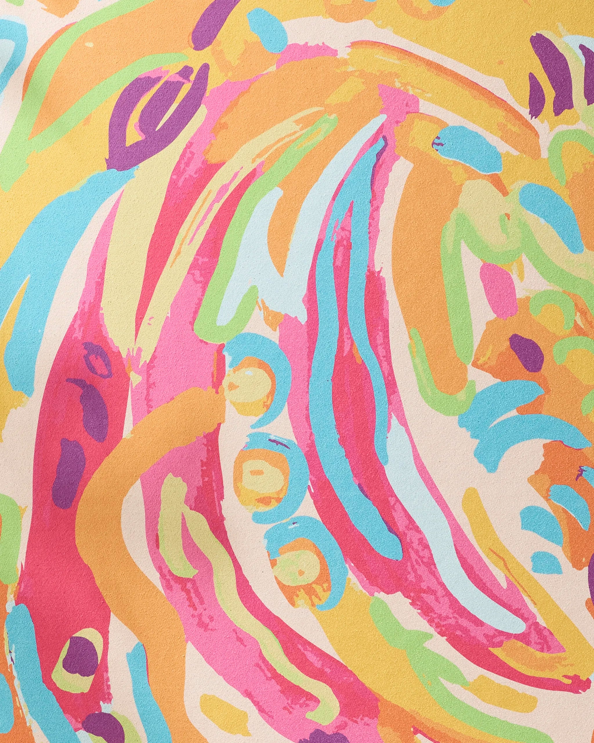 The Sareka Unique "Florescence" painting features vibrant, swirling patterns and dynamic brushstrokes, creating a playful, energetic composition reminiscent of a recycled yoga towel on a light background.