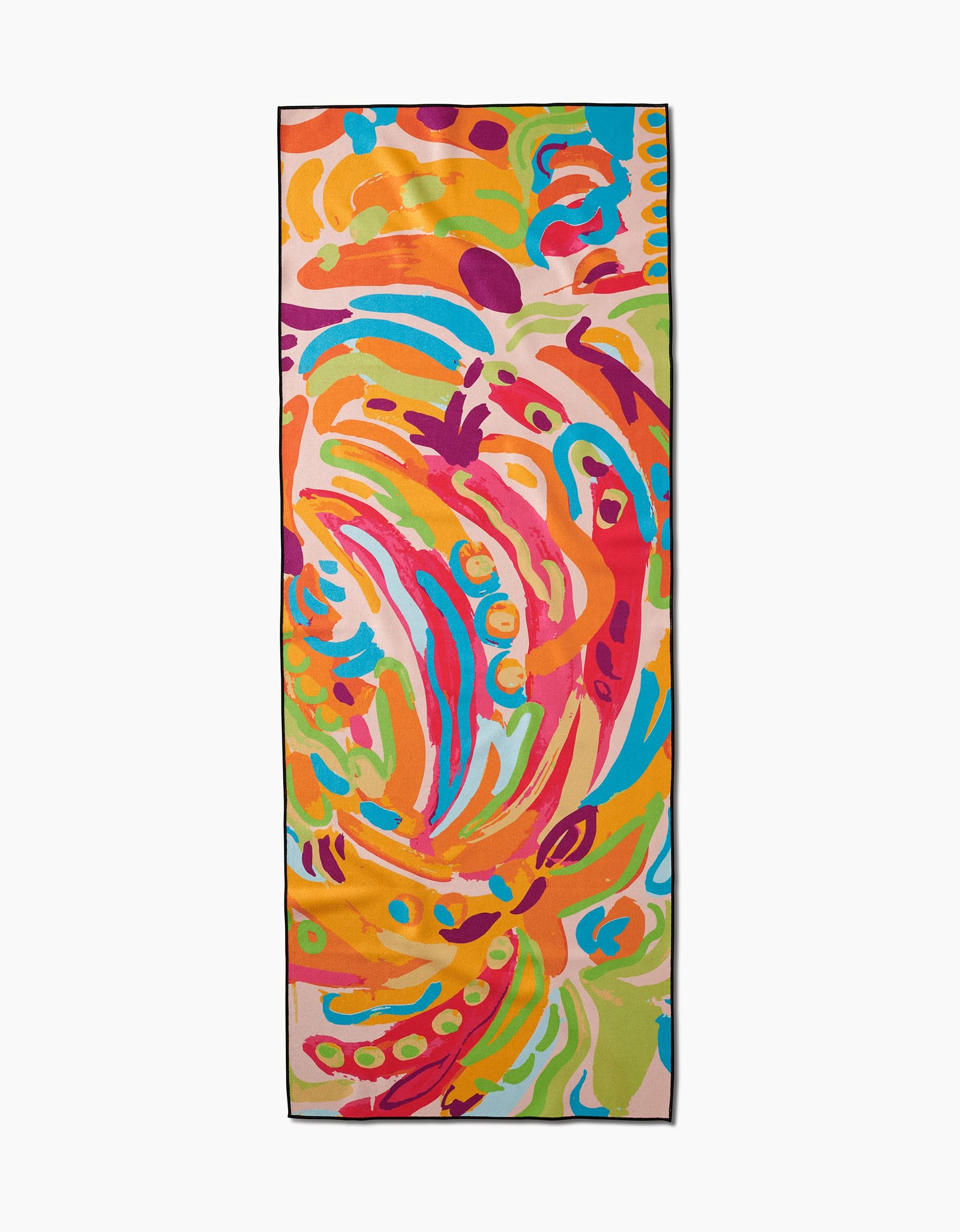 The Sareka Unique Florescence scarf is a rectangular accessory featuring a vibrant abstract pattern in orange, pink, red, turquoise, purple, and yellow on a light background—crafted from recycled materials.