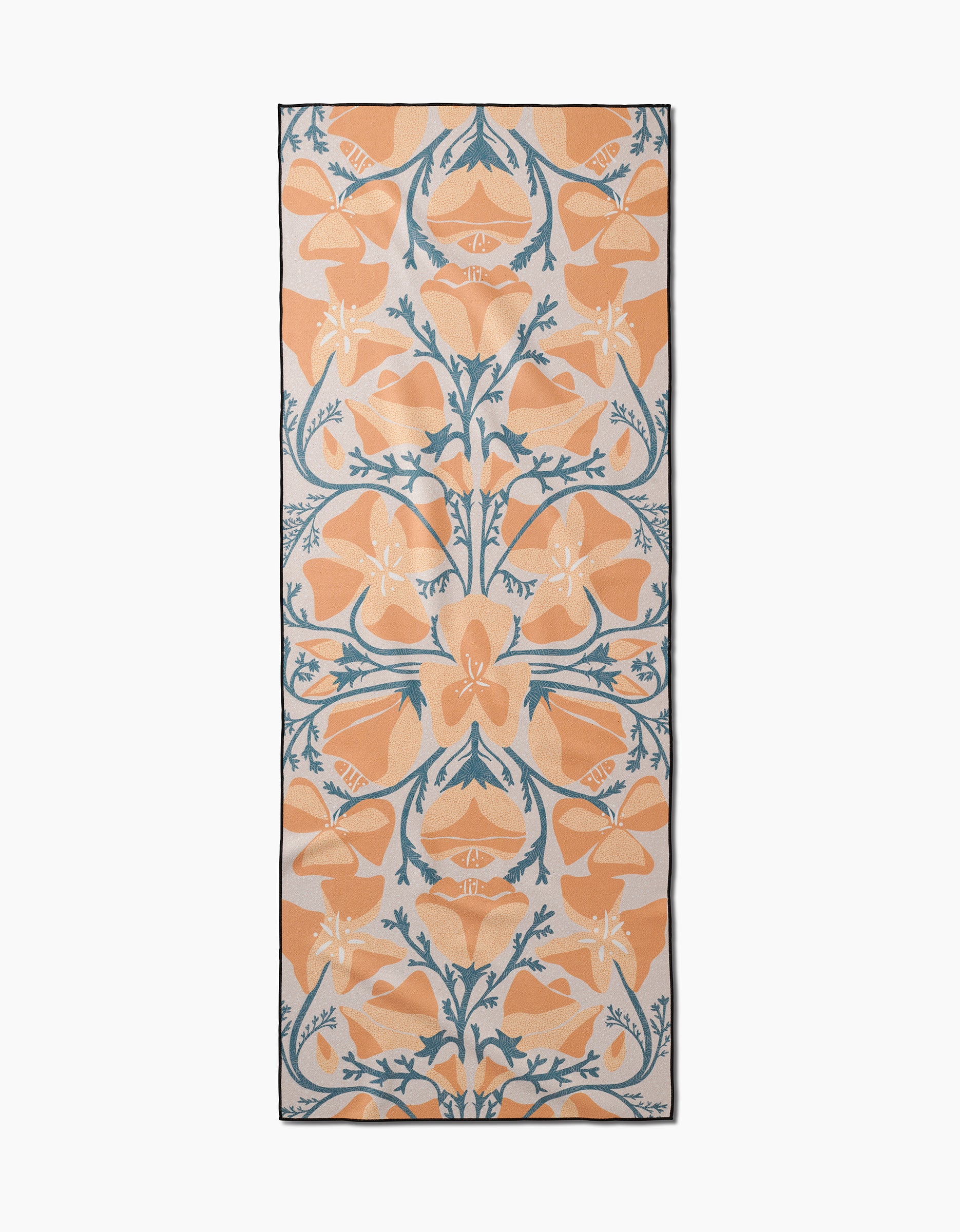 The Golden Poppy yoga towel by Julianne Haness features a rectangular, slip-resistant design with large orange flowers, green stems, and leaves on white—an ornate, symmetrical floral pattern that brings an artistic touch to your yoga routine.
