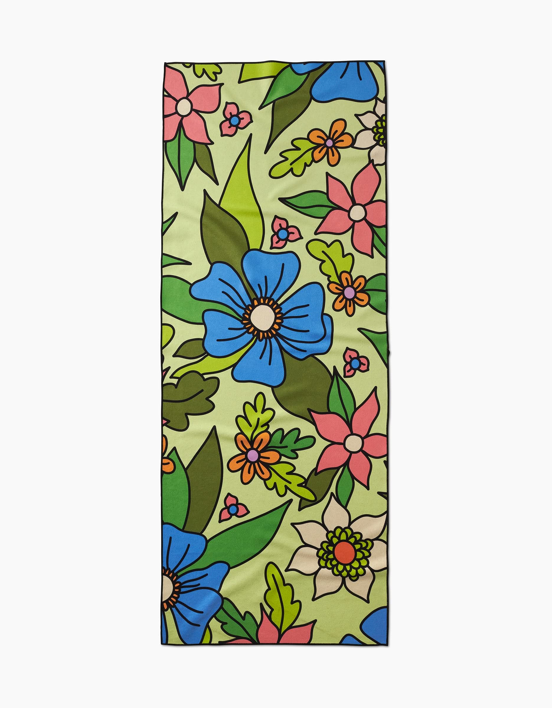 The GEOMETRY Green Flowers yoga towel features a rectangular shape and a vibrant floral pattern with large blue, pink, and cream flowers plus green leaves on a light yellow background, crafted from recycled materials.
