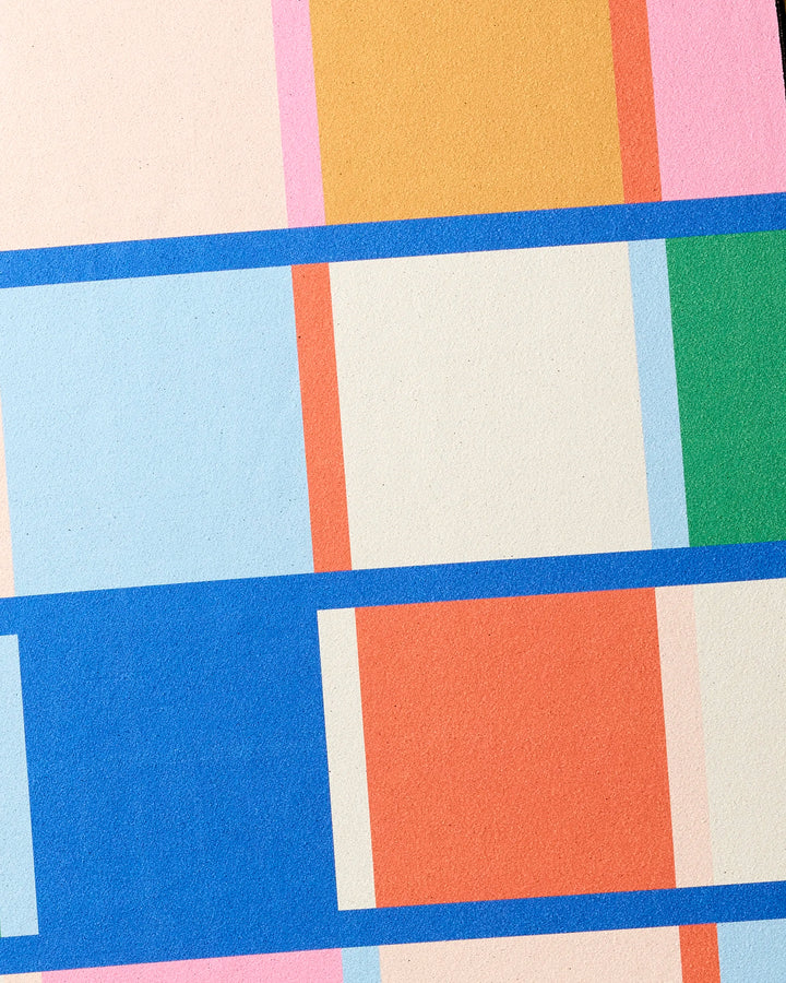 Grid" by Jennifer Bouron: Abstract intersecting rectangles in pastel blue, orange, pink, cream, and green with bold blue borders—evoking modern geometric art on an eco-friendly yoga towel.