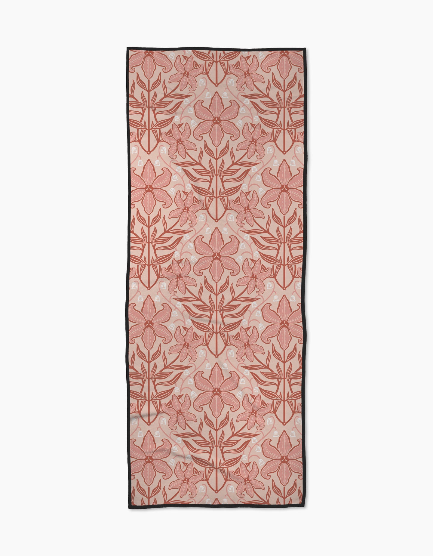 The Lily Nouveau yoga towel by Sarah Daugherty features a recycled, rectangular design with large pink and red floral patterns outlined in red, subtle dot accents on a light background, and a black border.