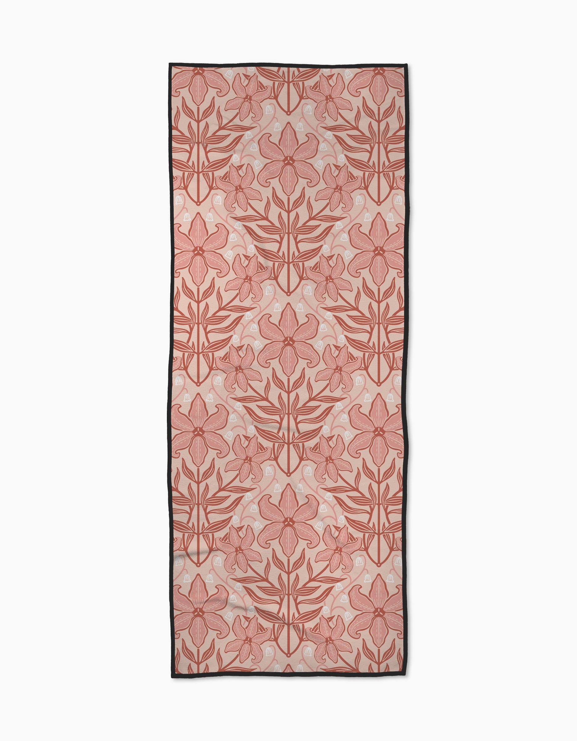 The Lily Nouveau yoga towel by Sarah Daugherty features a recycled, rectangular design with large pink and red floral patterns outlined in red, subtle dot accents on a light background, and a black border.