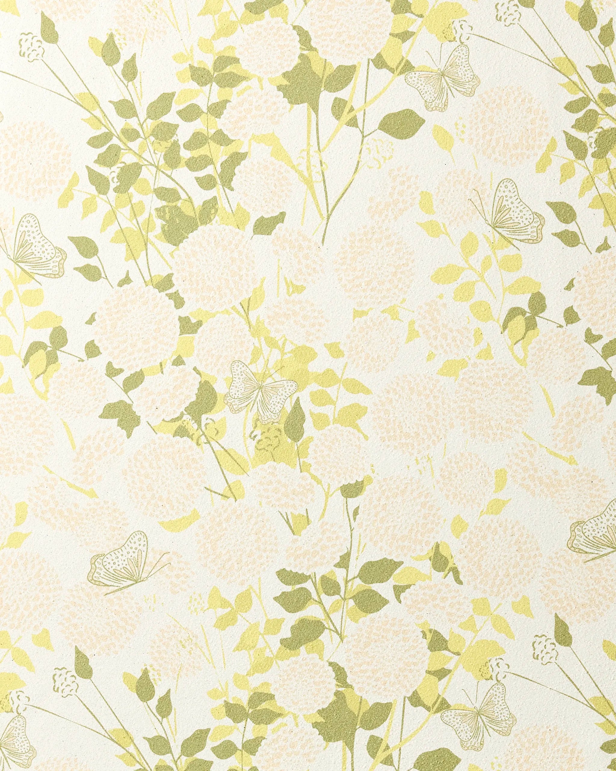 Lush Garden by Second Nature Studio: Wallpaper with light green leaves, beige flowers, and butterflies on pale cream, inspired by vintage botanical designs seen on a recycled yoga towel.