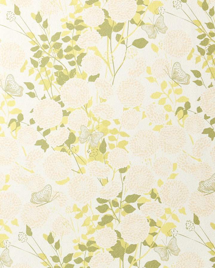 Lush Garden by Second Nature Studio: Wallpaper with light green leaves, beige flowers, and butterflies on pale cream, inspired by vintage botanical designs seen on a recycled yoga towel.