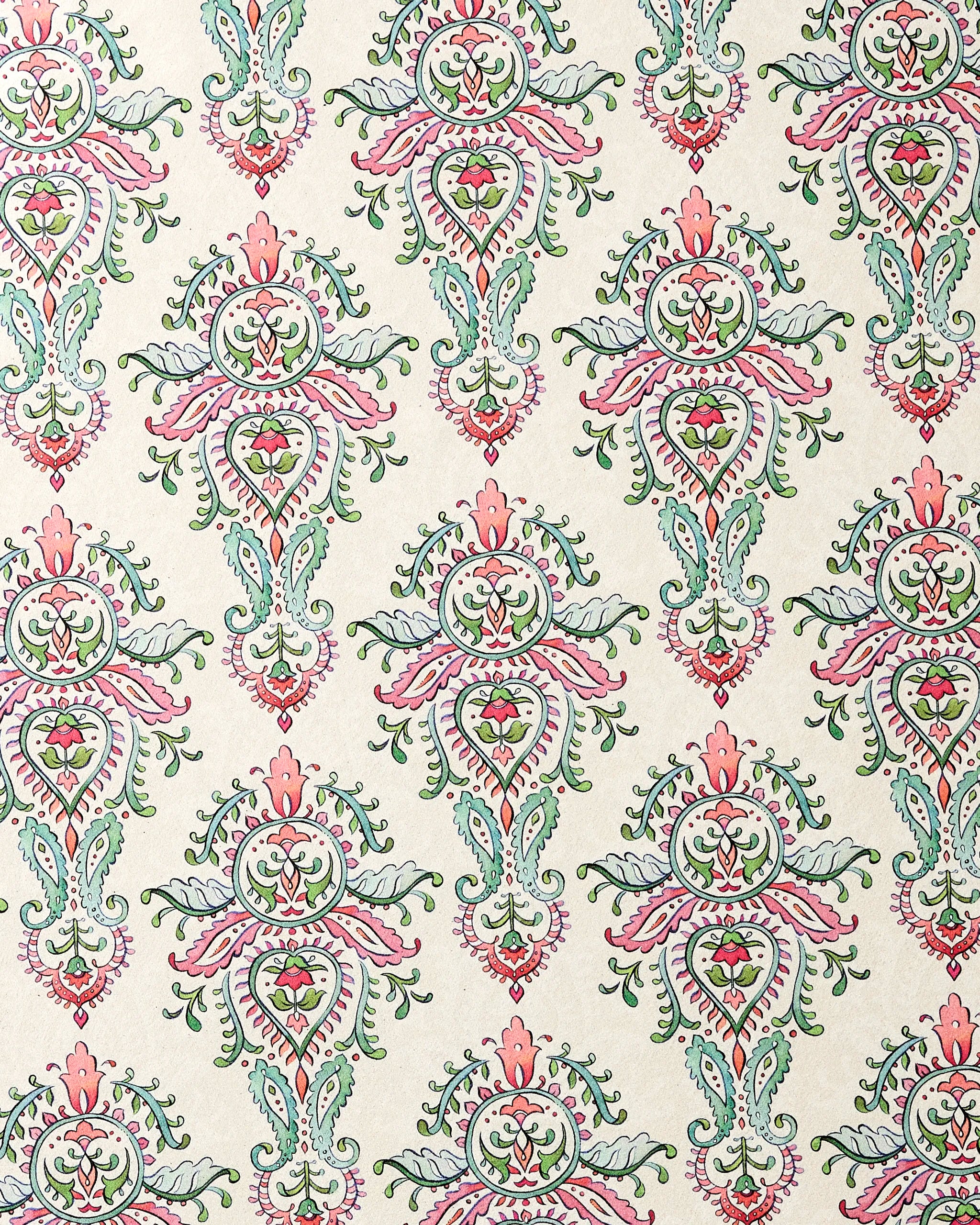 Memento by Maayan Alper-Swan features ornate, symmetrical pink, green, and light blue floral motifs on beige—a vintage-inspired design perfect for a stylish recycled yoga towel.
