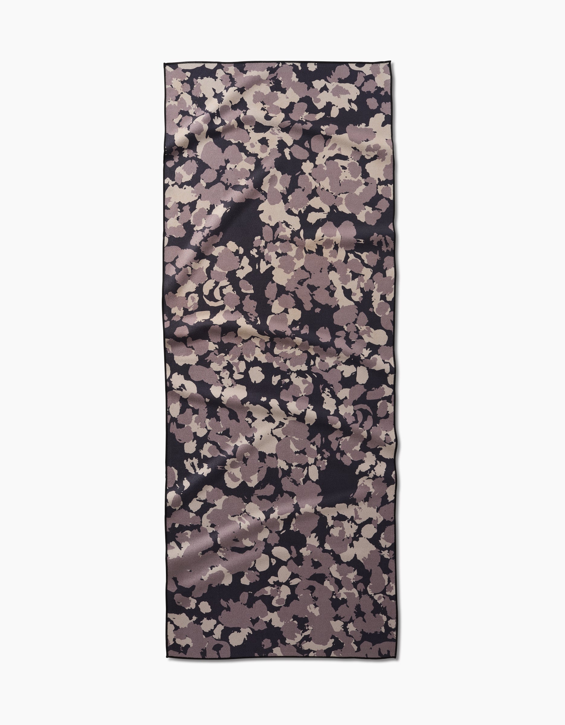 The GEOMETRY Metro Mesh is a rectangular silk scarf featuring an abstract floral pattern in beige, taupe, and light purple on a dark background, crafted from recycled materials and shown flat against a white surface.