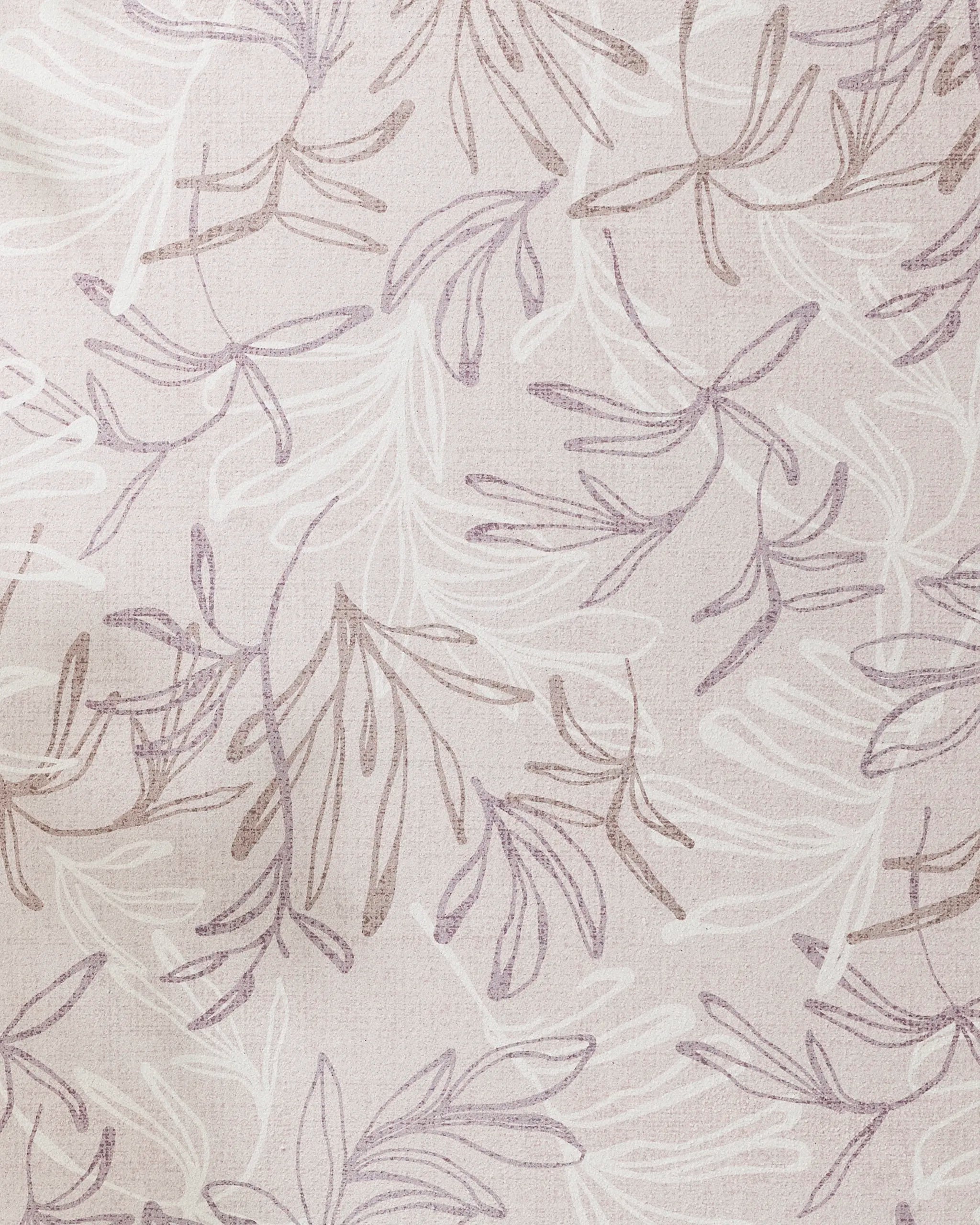 The Muted Meadow yoga towel by Kris Ruff features a light beige base with an abstract botanical pattern in soft brown and muted lavender. Its non-slip design makes it perfect for your daily yoga practice.