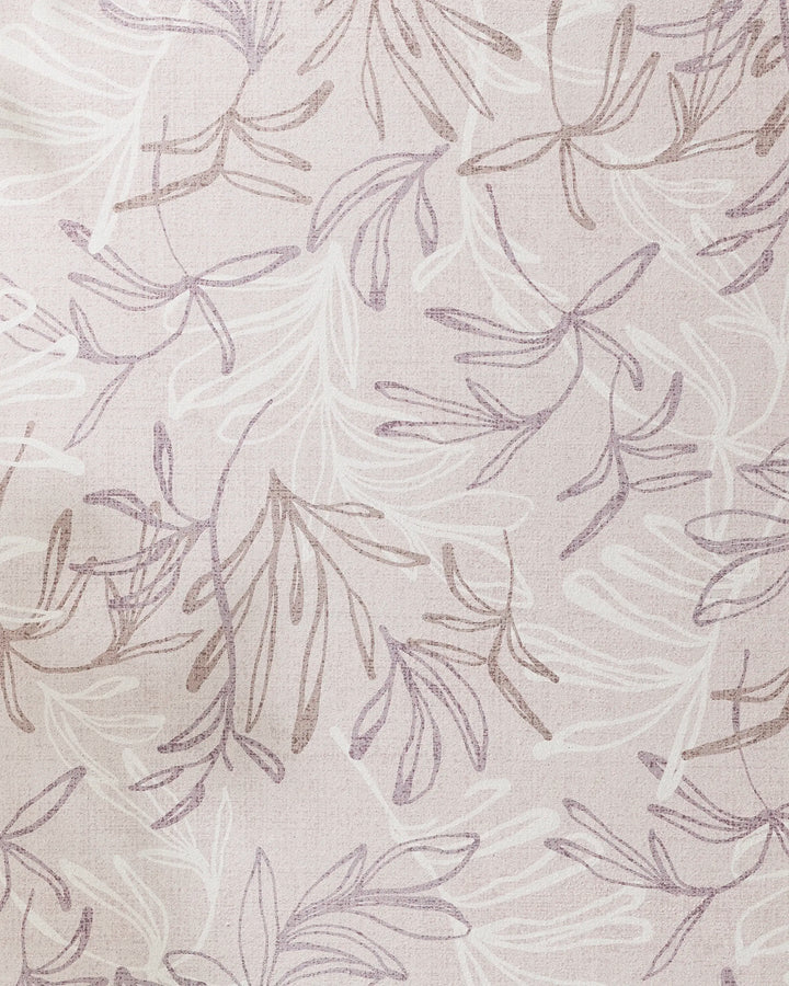 The Muted Meadow yoga towel by Kris Ruff features a light beige base with an abstract botanical pattern in soft brown and muted lavender. Its non-slip design makes it perfect for your daily yoga practice.