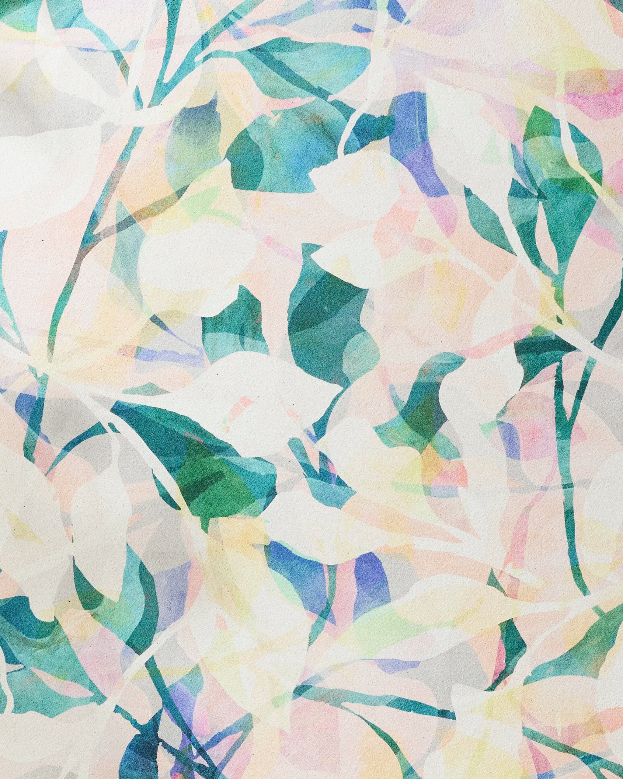 Painted Foliage by Rachel Parker features abstract watercolor leaves and branches in soft pastel hues, forming a light, airy botanical pattern—ideal inspiration for an eco-friendly or non-slip yoga towel design.