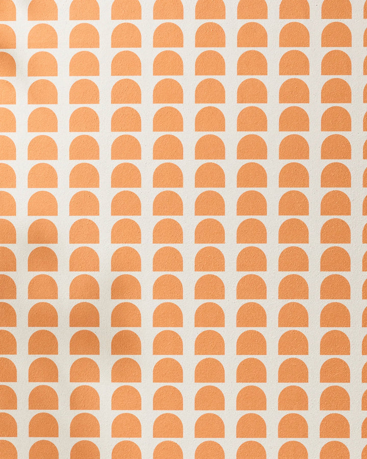 Pink Illusion by Happy Hemera features a repeating pattern of orange semi-circles on white, arranged in neat rows for a geometric, retro vibe—ideal for adding flair to your recycled or non-slip yoga towel.