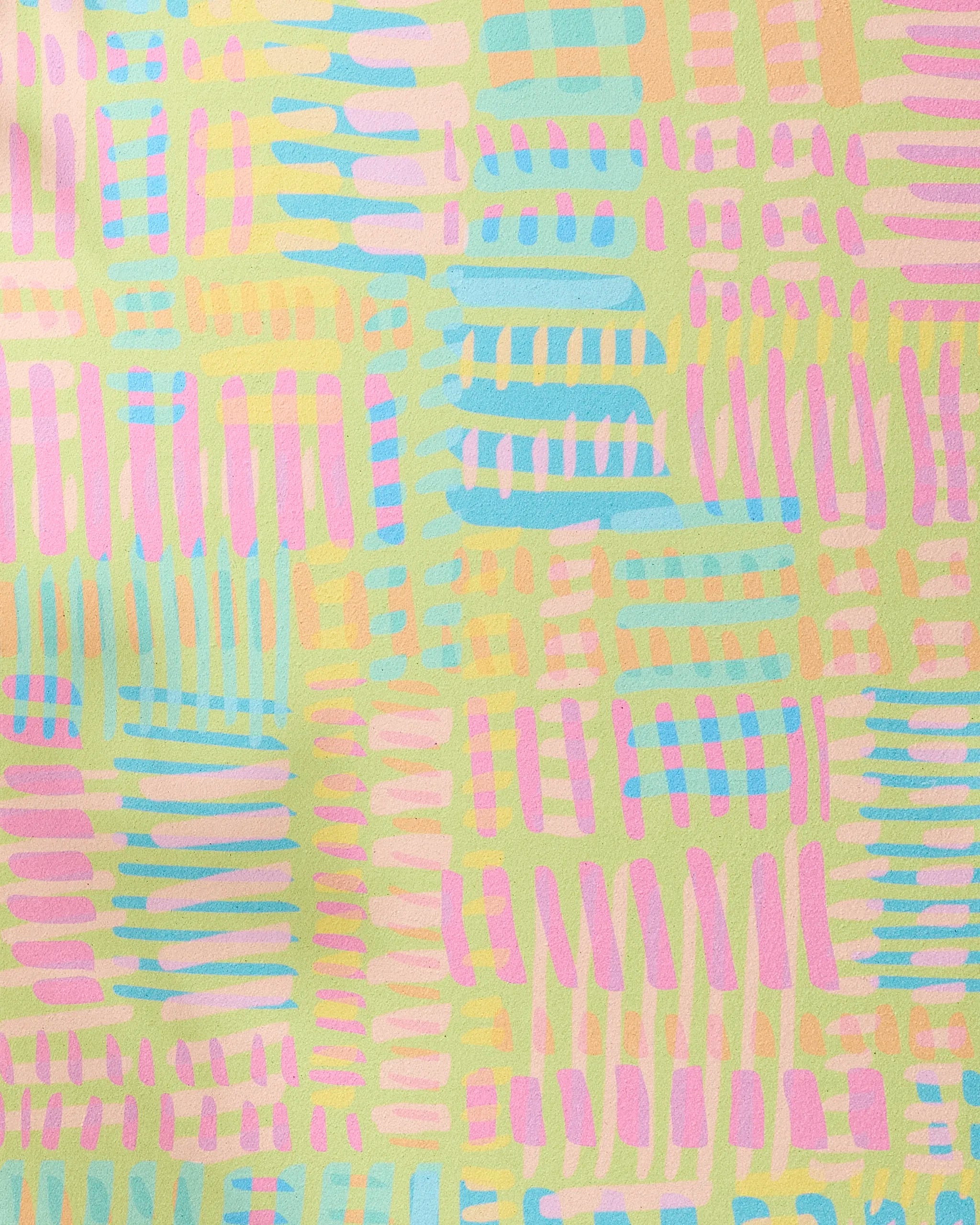 The Sareka Unique "Positive Vibes" yoga towel features a playful abstract grid of pastel lines and rectangles in blue, pink, yellow, and green on a light background, adding lively style and non-slip function to your yoga sessions.