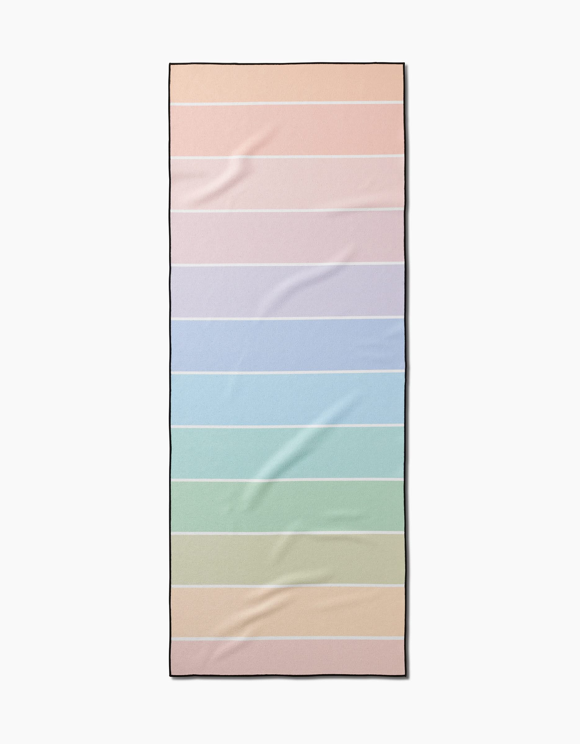 The GEOMETRY Rainbow Pastel is a rectangular, slip-resistant yoga towel featuring horizontal pastel stripes in pink, peach, lavender, blue, aqua, and mint green with a thin black border, shown flat on a white background.