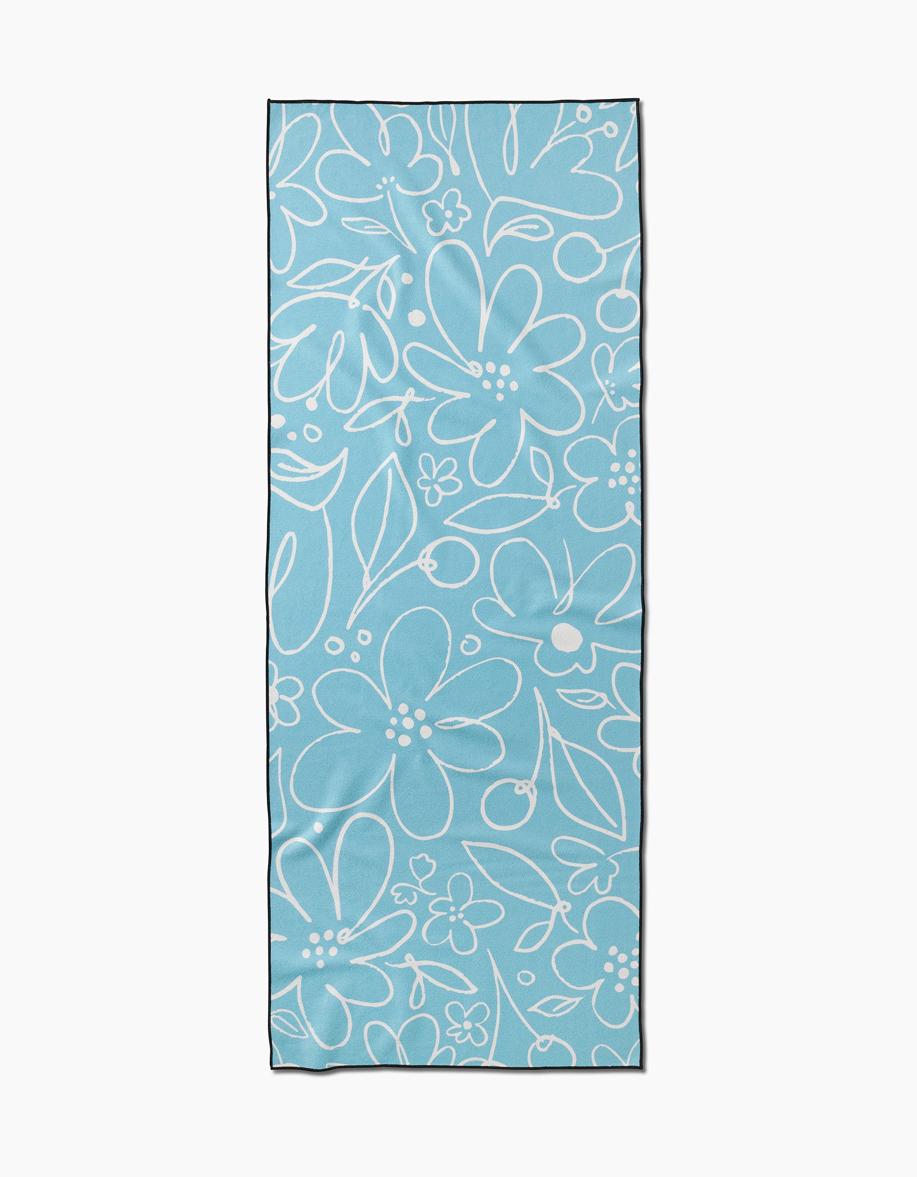 The Sara Mari River Blossom yoga towel is rectangular and light blue, made from recycled materials with an all-over white outlined floral and leaf design.
