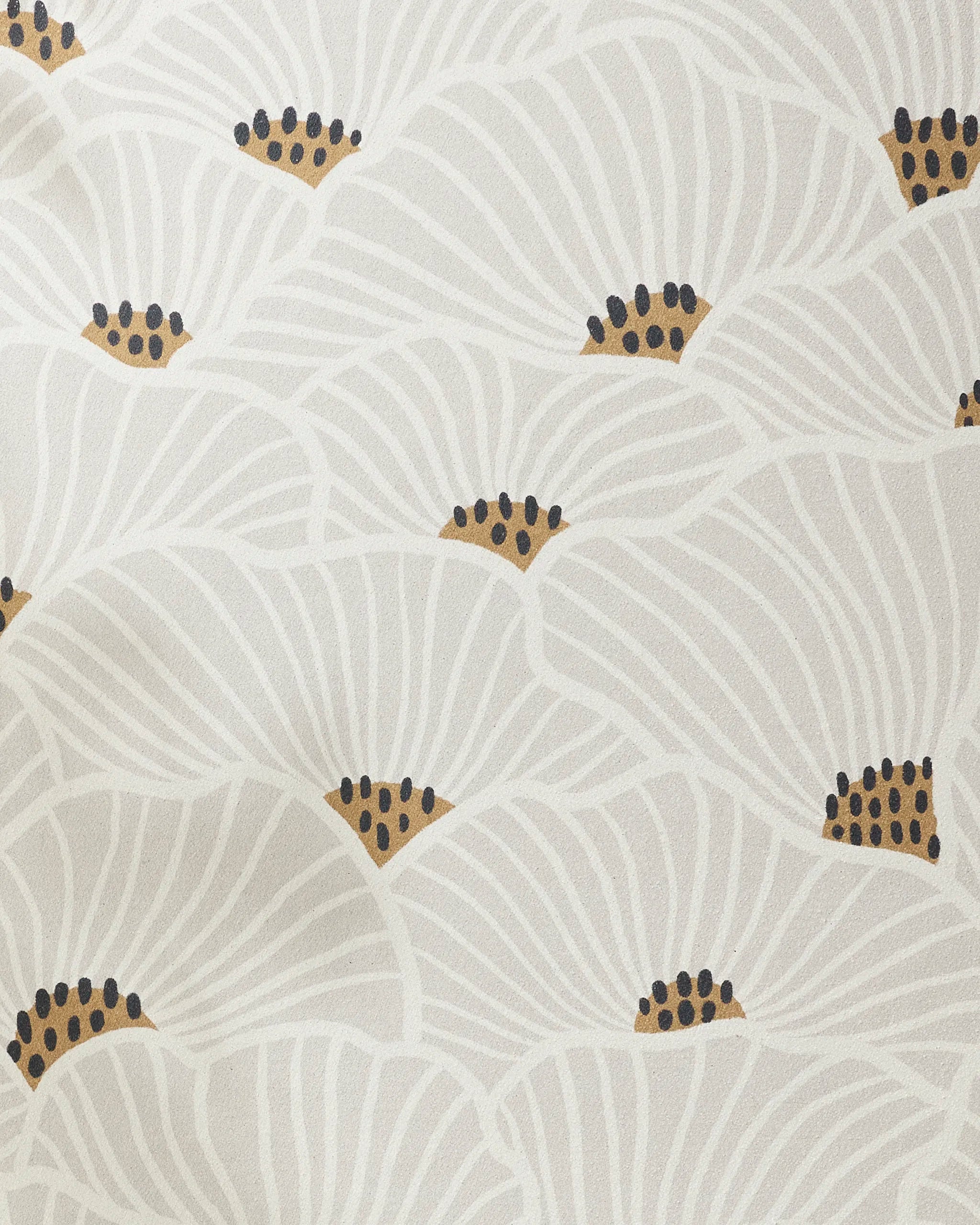 San Diego by Amy MacCready features overlapping white flowers with gold centers and black dots on a light background. Flowing, curved lines outline each petal—ideal for adding flair and function to your yoga towel or recycled yoga towel.