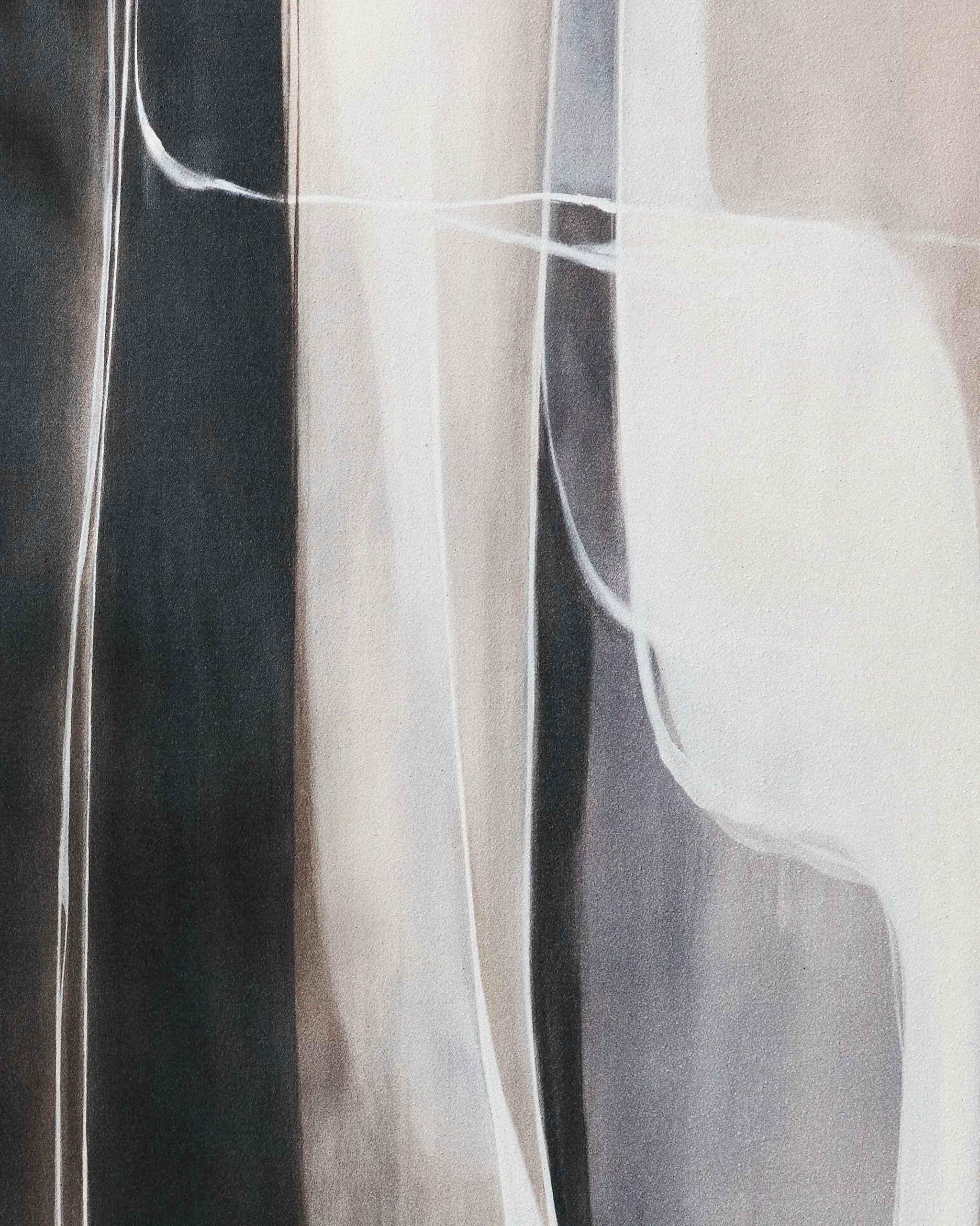 Seduction by Jennifer Janesko features vertical, flowing shapes in black, white, and gray. Soft layers and curves evoke calming movement and depth, perfect for a yoga towel designed for mindful practice.