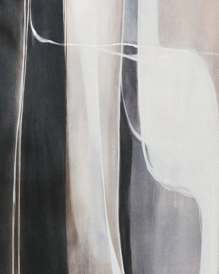Seduction by Jennifer Janesko features vertical, flowing shapes in black, white, and gray. Soft layers and curves evoke calming movement and depth, perfect for a yoga towel designed for mindful practice.