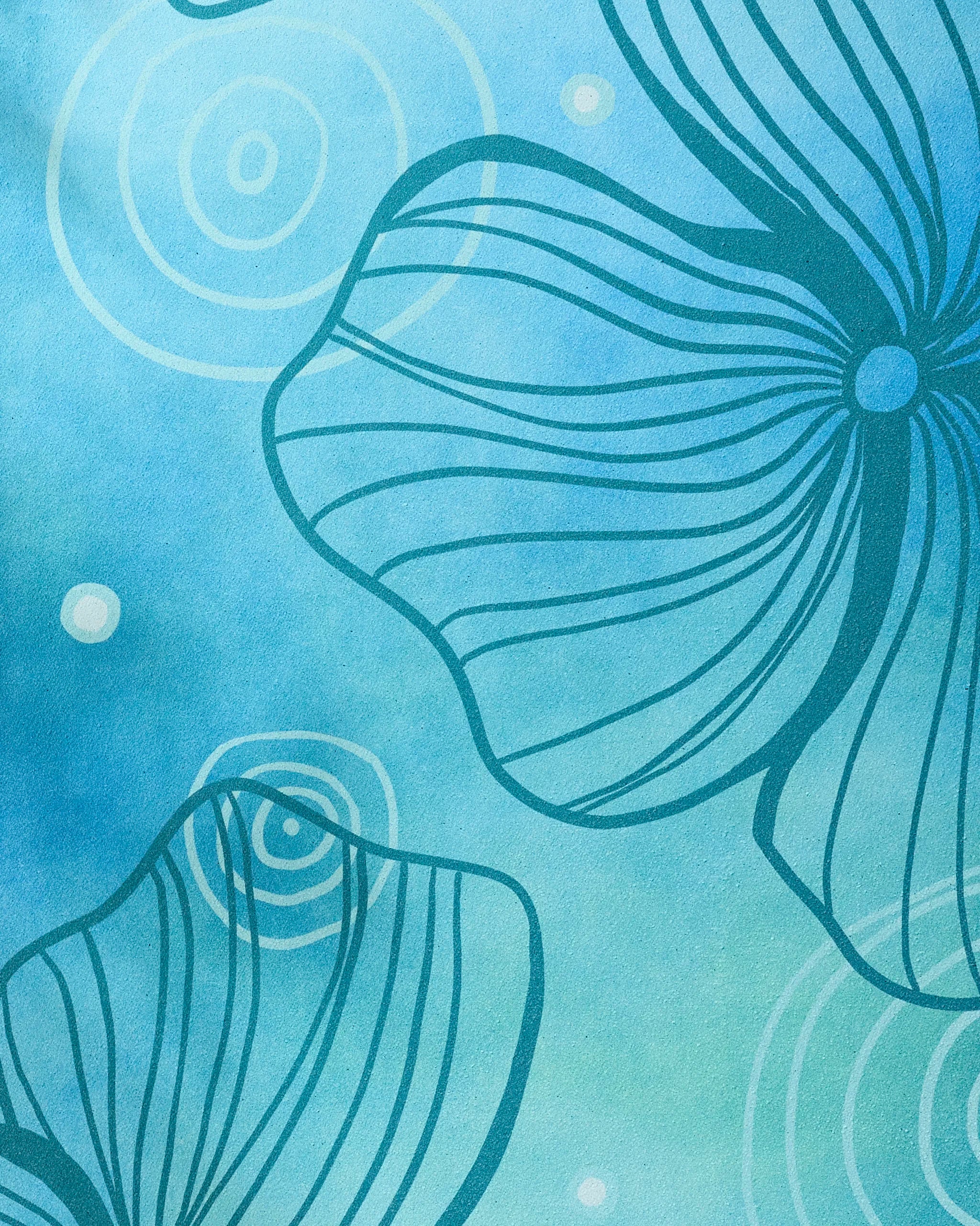 Serenity by Blissful Flamingo features an abstract blue and teal background with outlined floral shapes and circular patterns, creating a light, airy look—ideal for a recycled yoga towel. Thin, wavy flowers appear over soft gradient colors.
