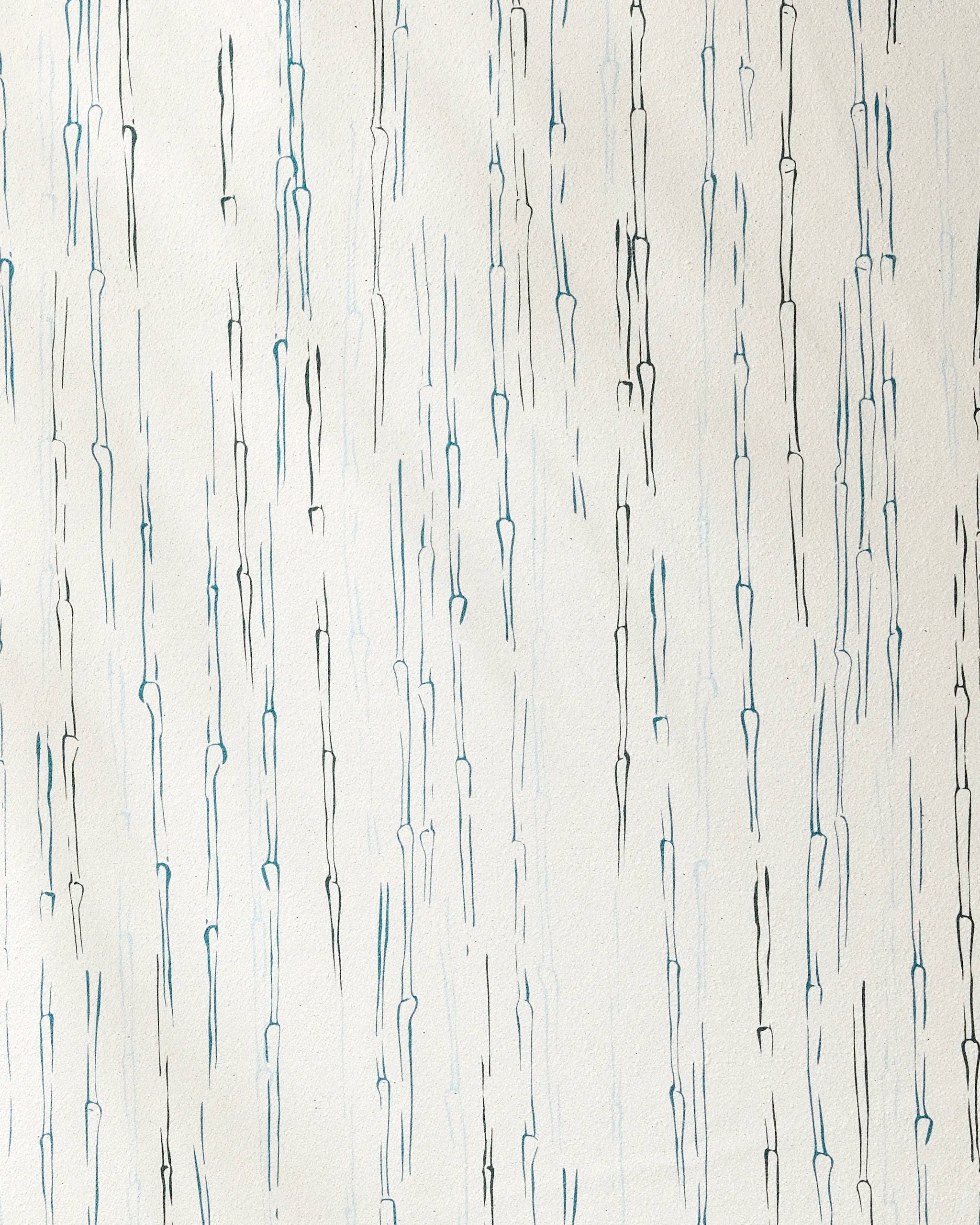 Abstract drawing named "Stilts" by GEOMETRY features unevenly spaced vertical blue and black lines with forked ends on white, evoking the textured pattern or gentle flow of a yoga towel.